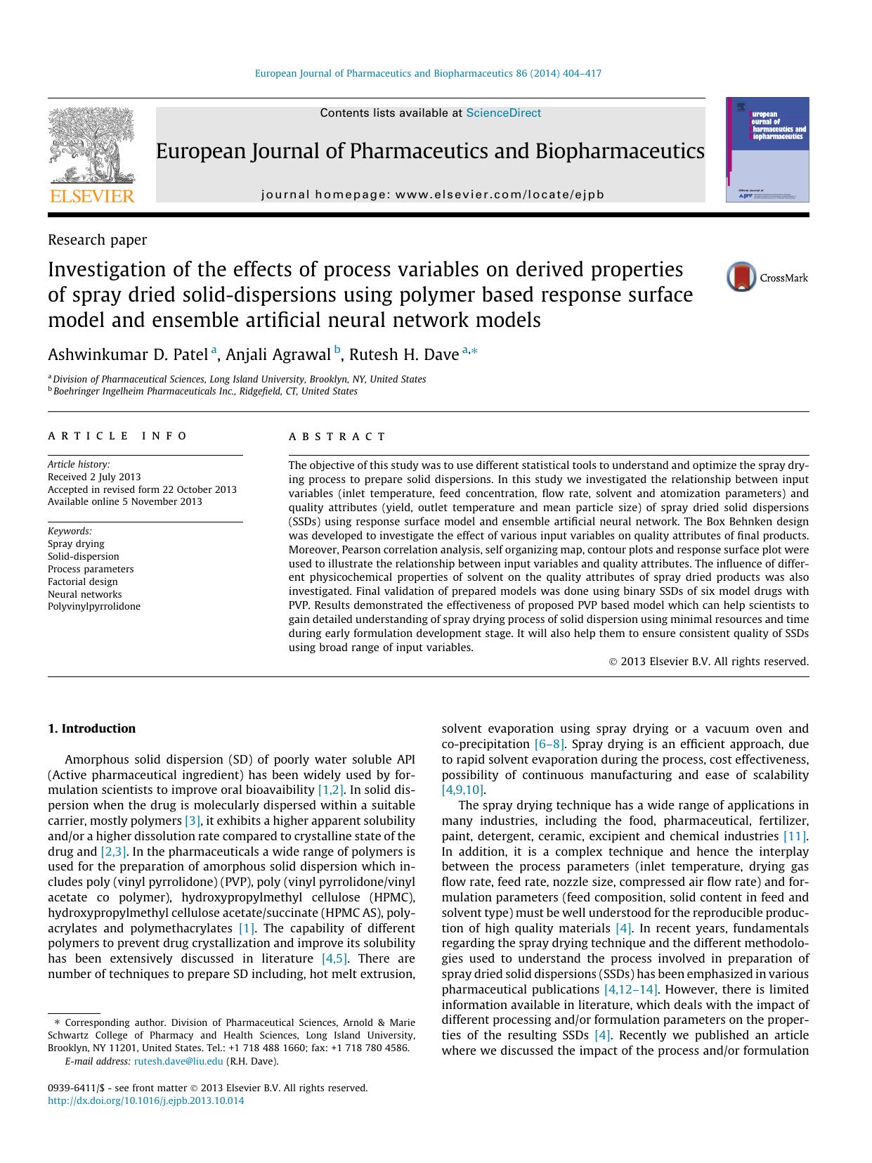 Investigation of the effects of process variables on derived properties of spray dried solid-dispersions using polymer based response surface model and ensemble artificial neural network models by Ashwinkumar D. Patel & Anjali Agrawal & Rutesh H. Dave