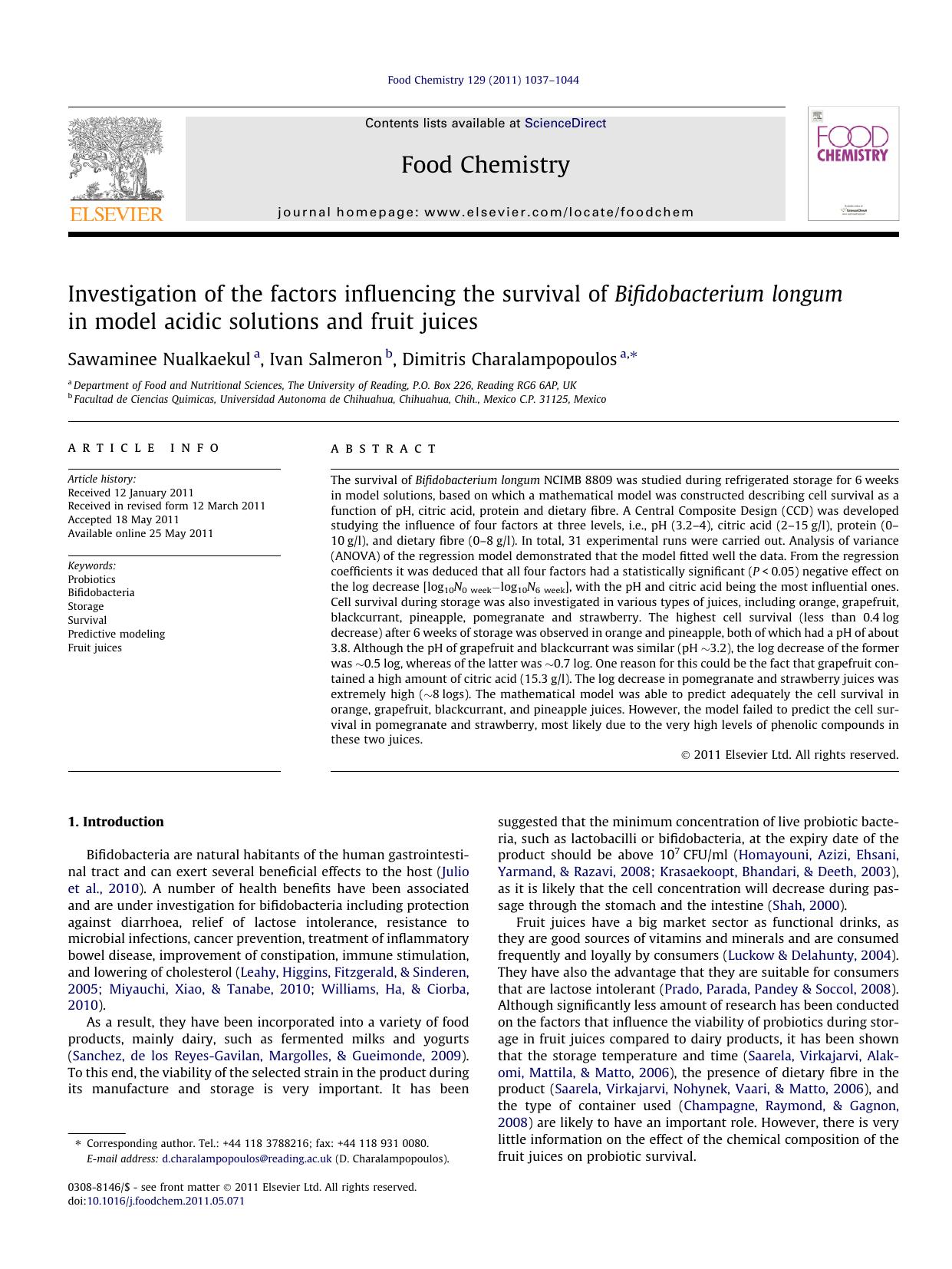 Investigation of the factors influencing the survival of Bifidobacterium longum in model acidic solutions and fruit juices by Sawaminee Nualkaekul & Ivan Salmeron & Dimitris Charalampopoulos
