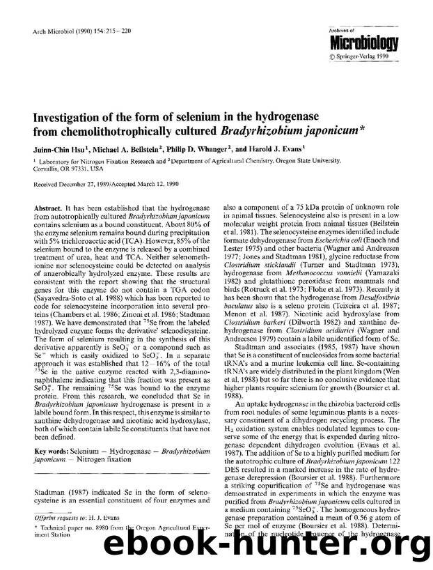 Investigation of the form of selenium in the hydrogenase from chemolithotrophically cultured <Emphasis Type="Italic">Bradyrhizobium japonicum<Emphasis> by Unknown