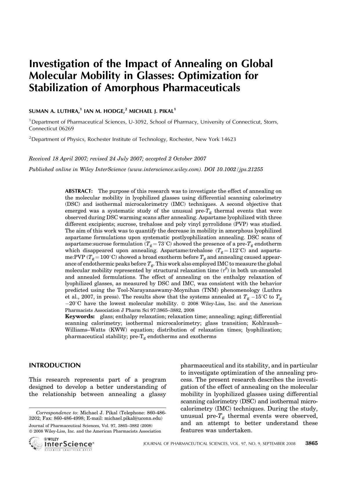 Investigation of the impact of annealing on global molecular mobility in glasses: Optimization for stabilization of amorphous pharmaceuticals by Unknown
