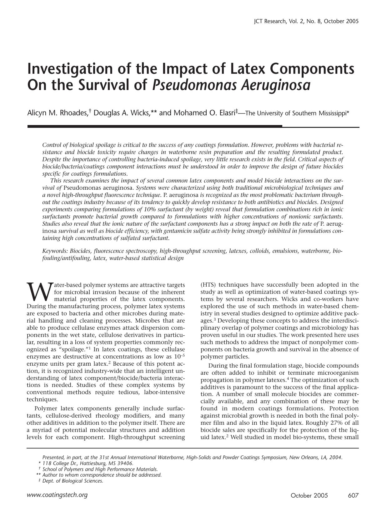 Investigation of the impact of latex components on the survival of<Emphasis Type="Italic">Pseudomonas Aeruginosa<Emphasis> by Unknown