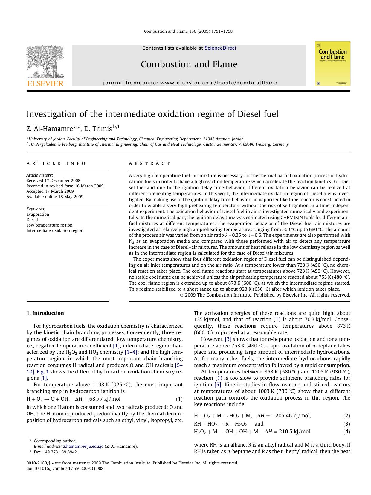 Investigation of the intermediate oxidation regime of Diesel fuel by Z. Al-Hamamre; D. Trimis