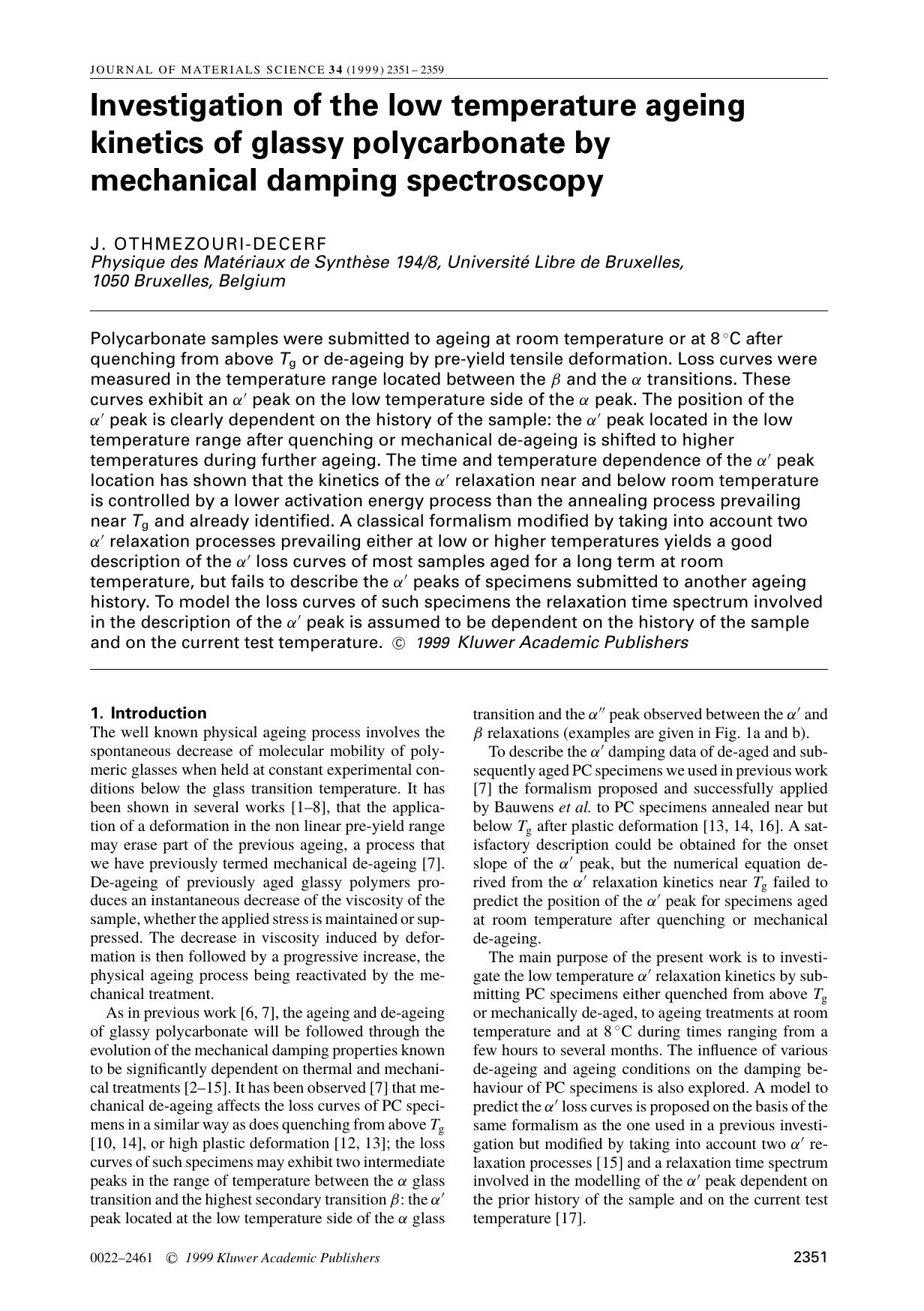 Investigation of the low temperature ageing kinetics of glassy polycarbonate by mechanical damping spectroscopy by Unknown
