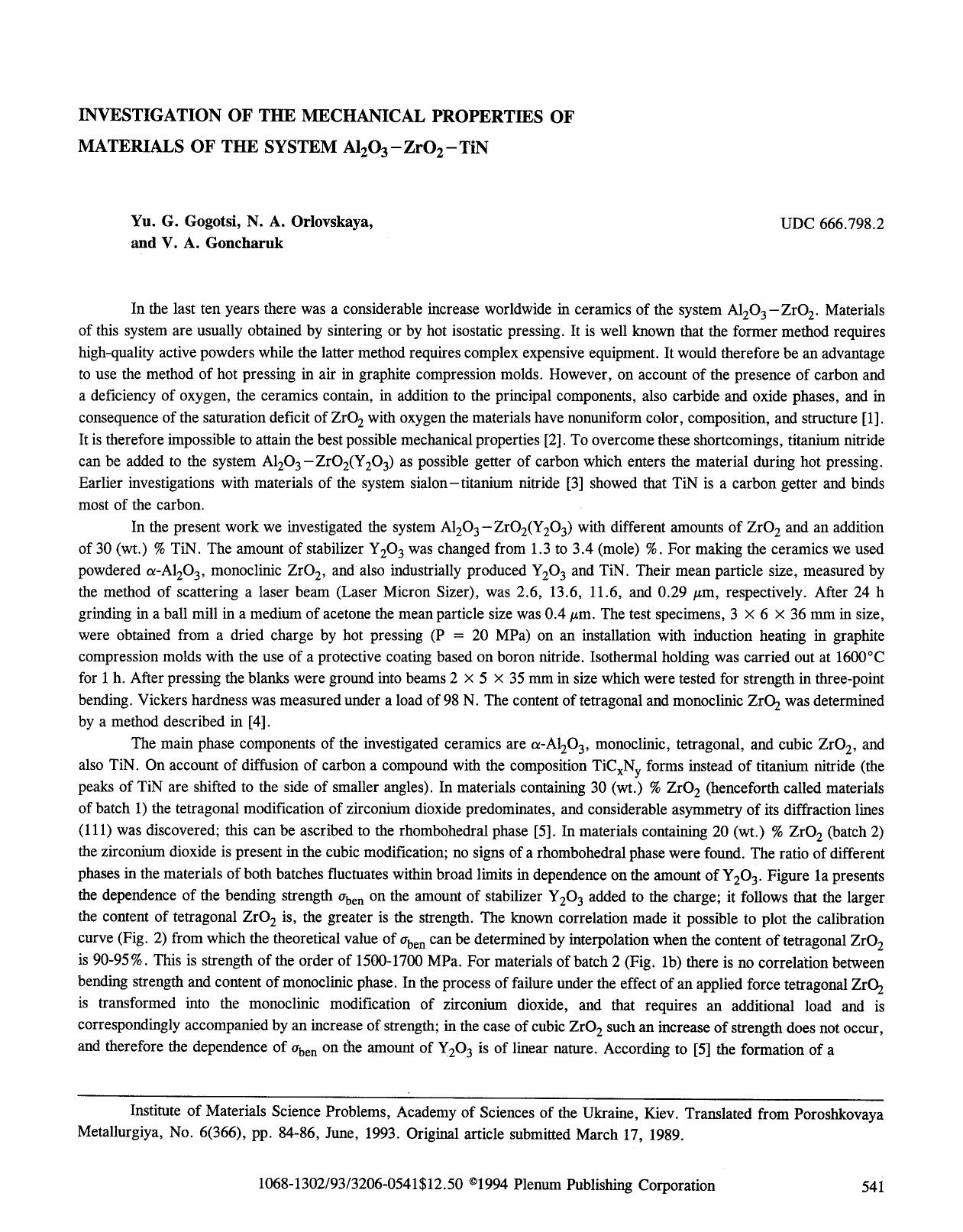Investigation of the mechanical properties of materials of the system Al <Subscript>2 <Subscript>O <Subscript>3 <Subscript>-ZrO <Subscript>2 <Subscript>-TiN by Unknown