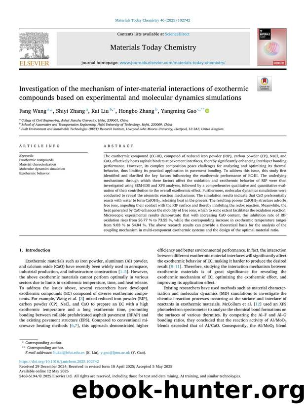 Investigation of the mechanism of inter-material interactions of exothermic compounds based on experimental and molecular dynamics simulations by Fang Wang & Shiyi Zhang & Kai Liu & Hongbo Zhang & Yangming Gao