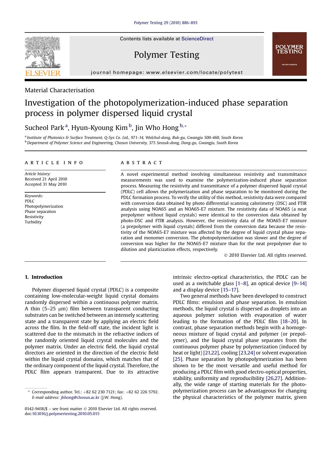Investigation of the photopolymerization-induced phase separation process in polymer dispersed liquid crystal by Sucheol Park & Hyun-Kyoung Kim & Jin Who Hong