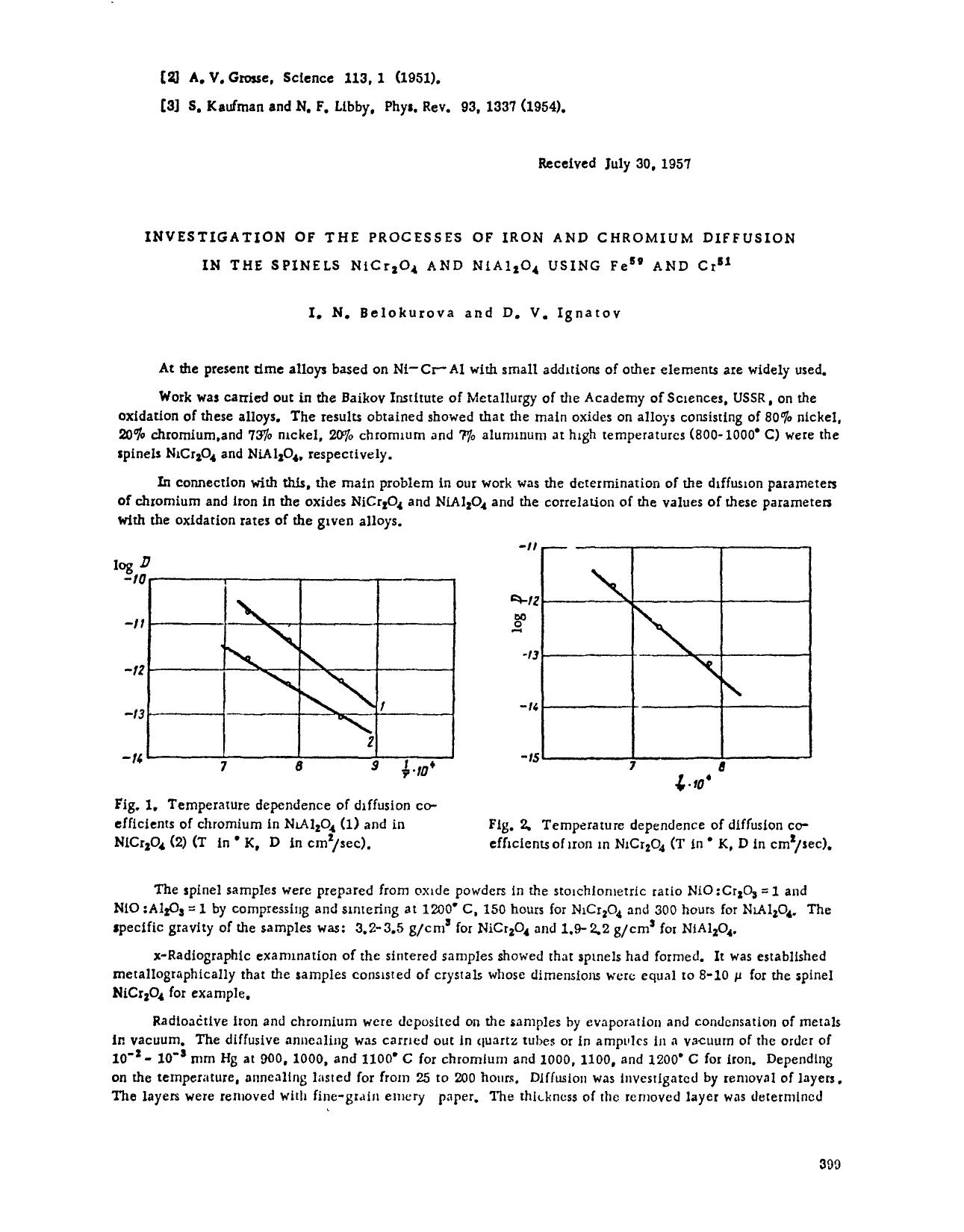 Investigation of the processes of iron and chromium diffusion in the spinels NiCr <Subscript>2 <Subscript>O <Subscript>4 <Subscript> and NiAl <Subscript>2 <Subscript>O <Subscript>4 by Unknown