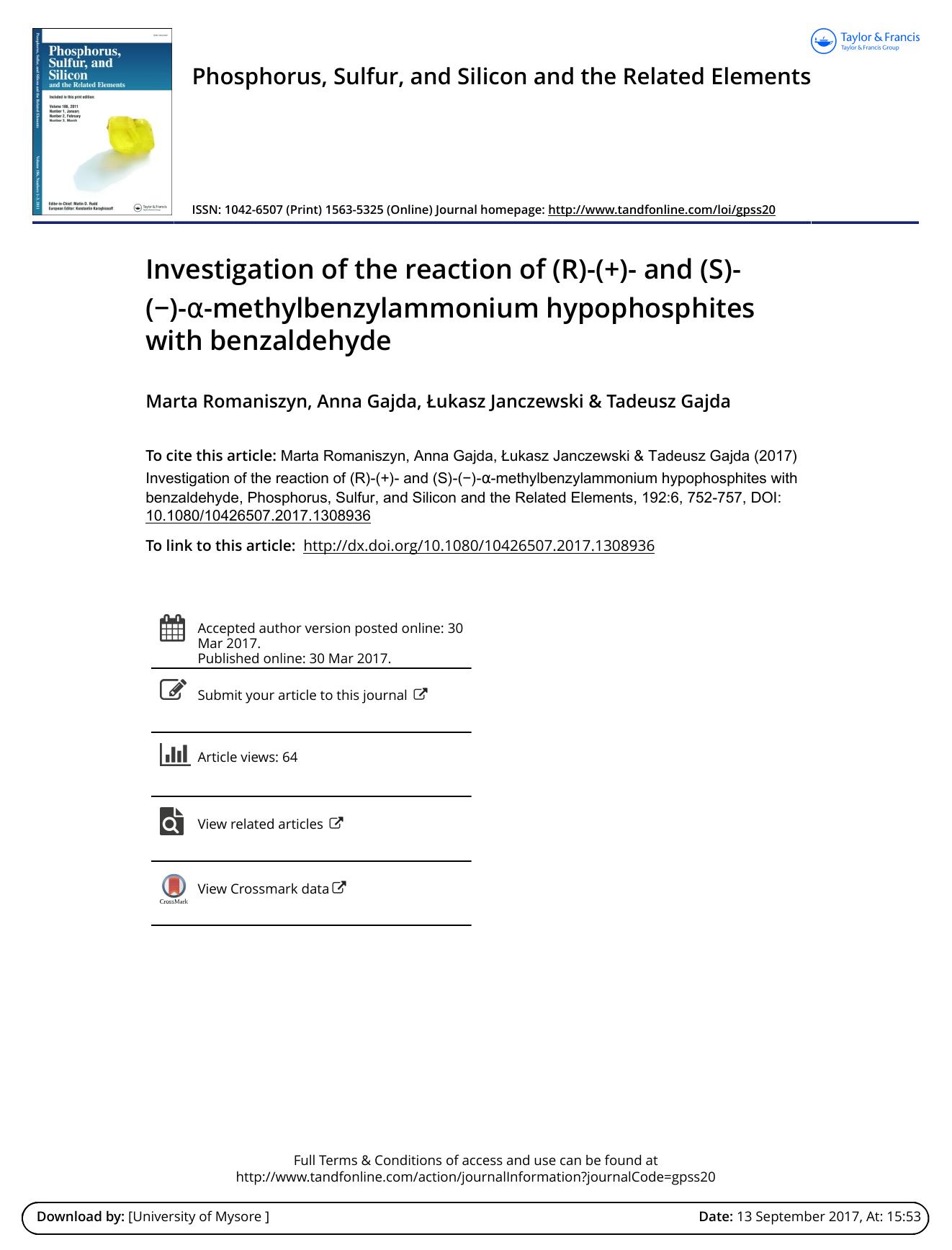 Investigation of the reaction of (R)-(+)- and (R)-(-)--methylbenzylammonium hypophosphites with benzaldehyde by Marta Romaniszyn & Anna Gajda & ukasz Janczewski & Tadeusz Gajda