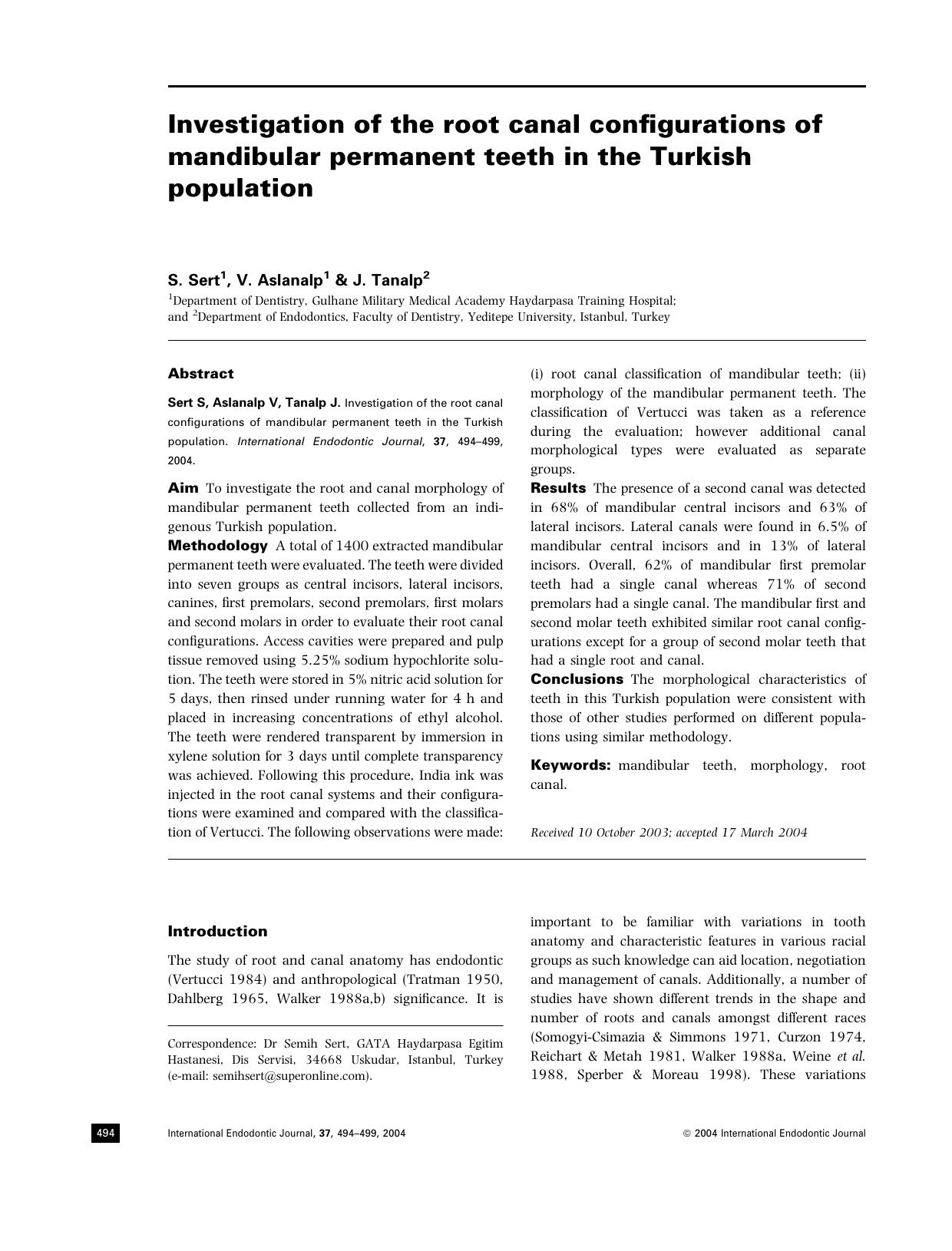 Investigation of the root canal configurations of mandibular permanent teeth in the Turkish popul by Unknown