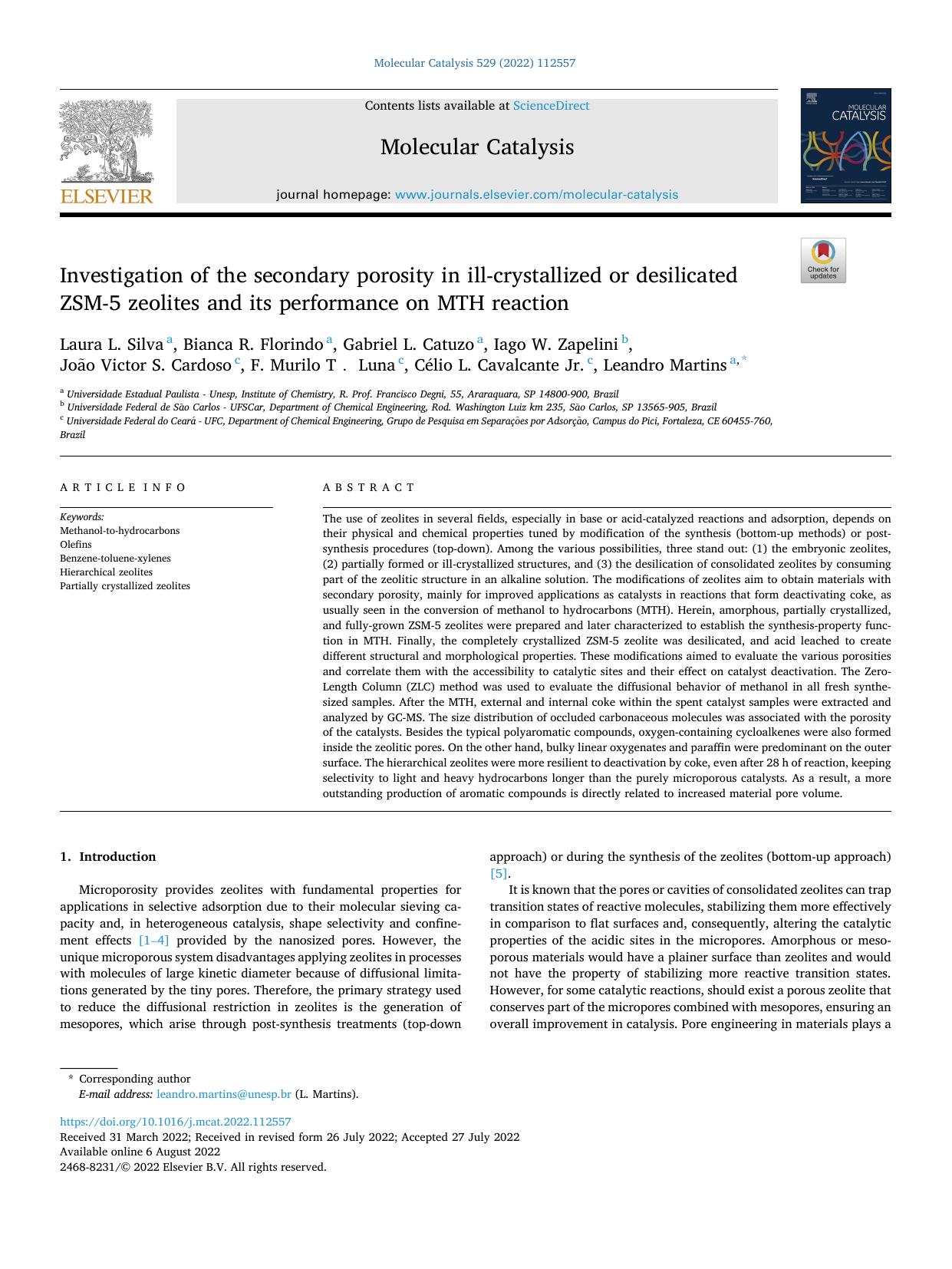 Investigation of the secondary porosity in ill-crystallized or desilicated ZSM-5 zeolites and its performance on MTH reaction by unknow