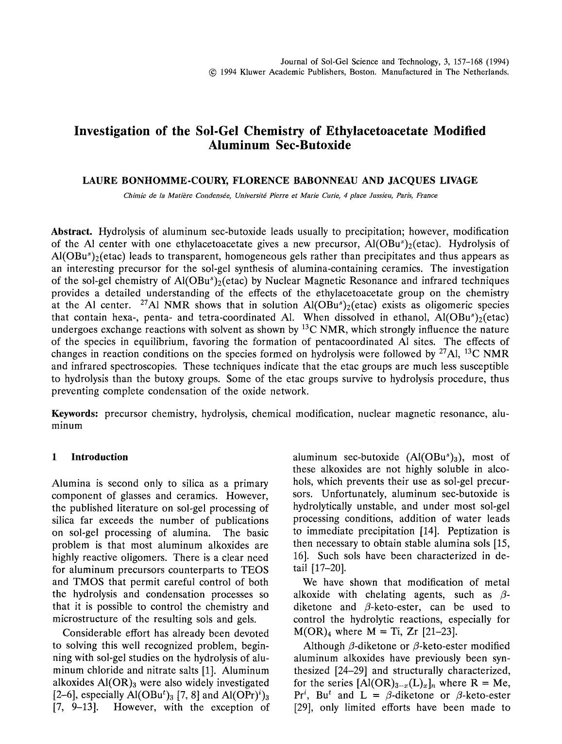 Investigation of the sol-gel chemistry of ethylacetoacetate modified aluminum sec-butoxide by Unknown
