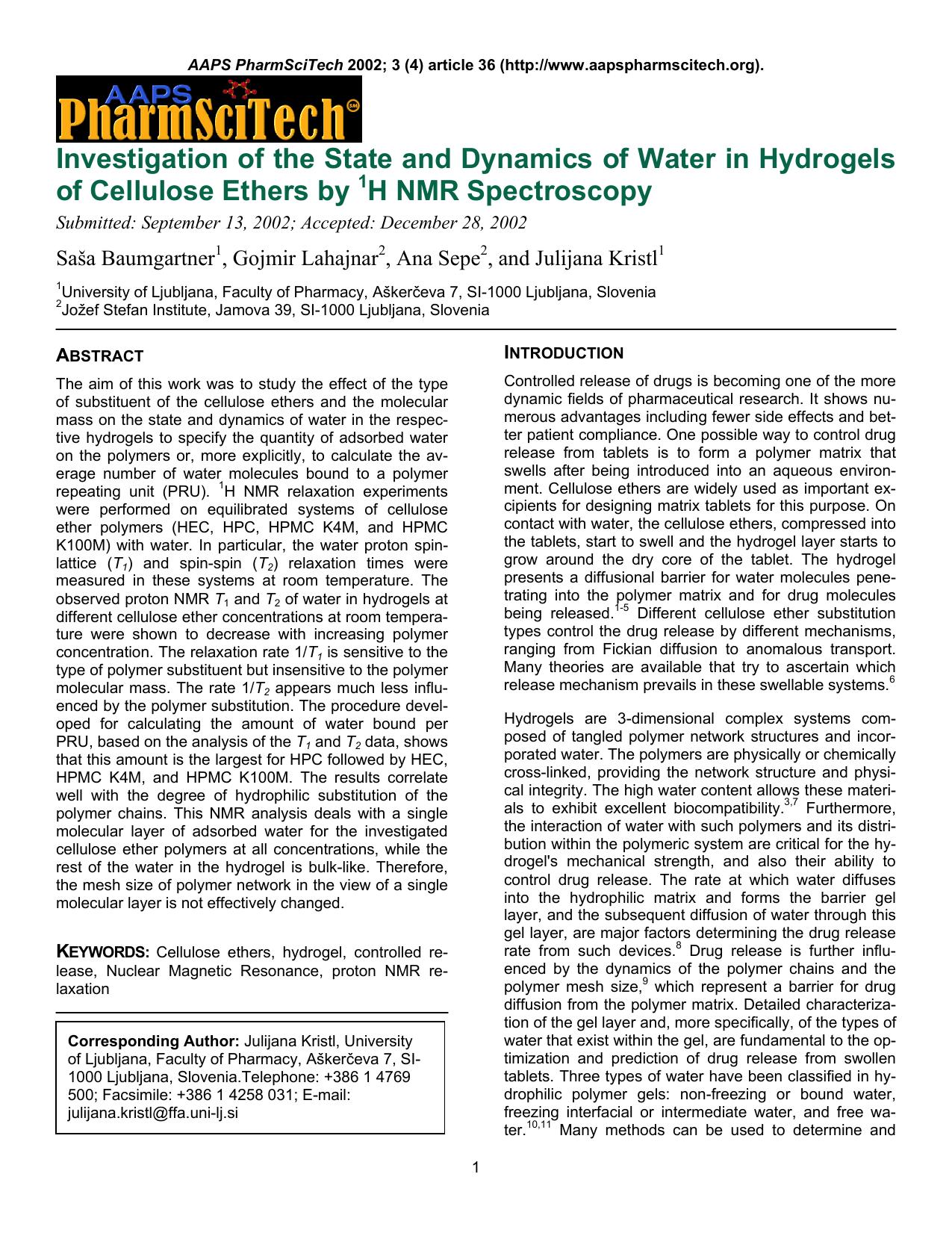 Investigation of the state and dynamics of water in hydrogels of cellulose ethers by <Superscript>1 <Superscript>H NMR spectroscopy by Unknown