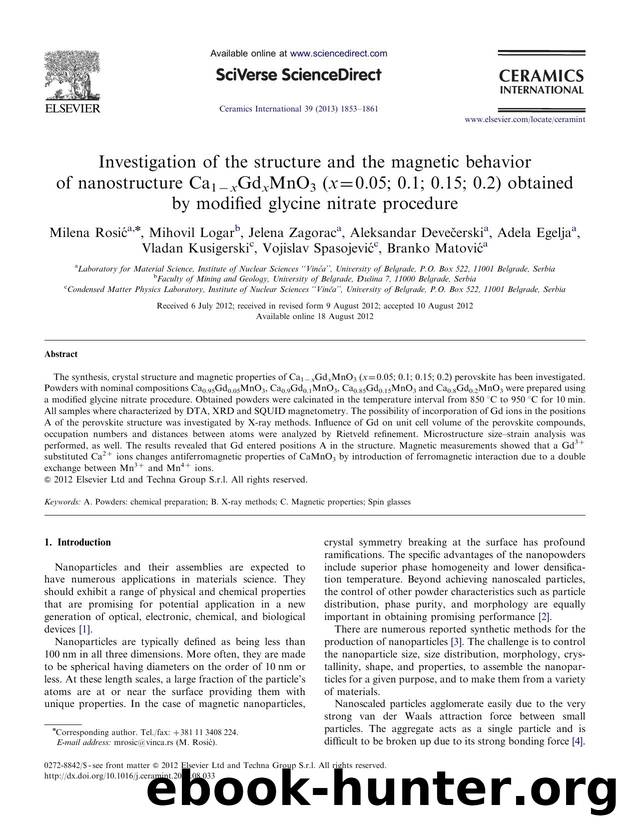 Investigation of the structure and the magnetic behavior of nanostructure Ca1âxGdxMnO3 (x=0.05; 0.1; 0.15; 0.2) obtained by modified glycine nitrate procedure by unknow