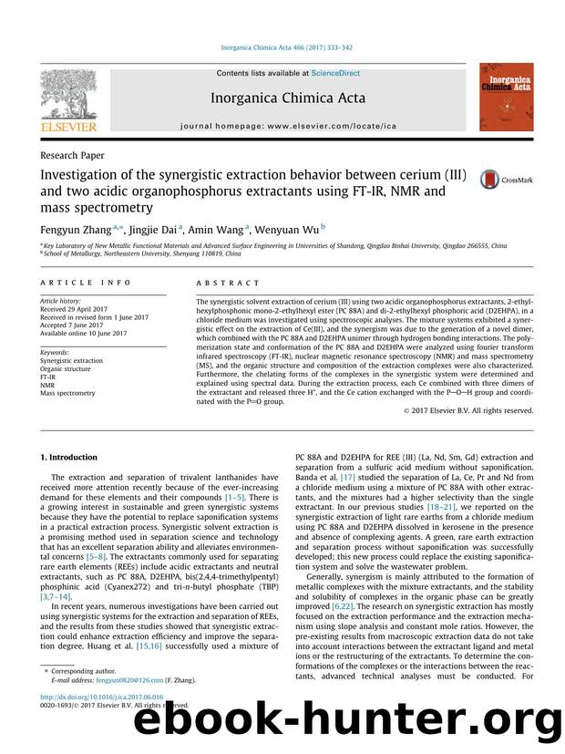 Investigation of the synergistic extraction behavior between cerium (III) and two acidic organophosphorus extractants using FT-IR, NMR and mass spectrometry by Fengyun Zhang & Jingjie Dai & Amin Wang & Wenyuan Wu