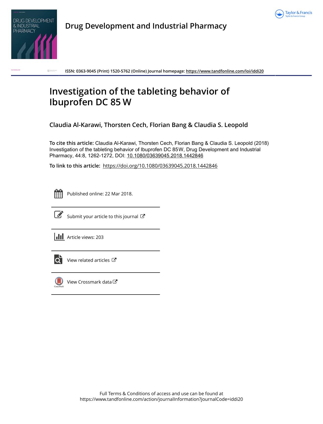 Investigation of the tableting behavior of Ibuprofen DC 85âW by Al-Karawi Claudia & Cech Thorsten & Bang Florian & Leopold Claudia S