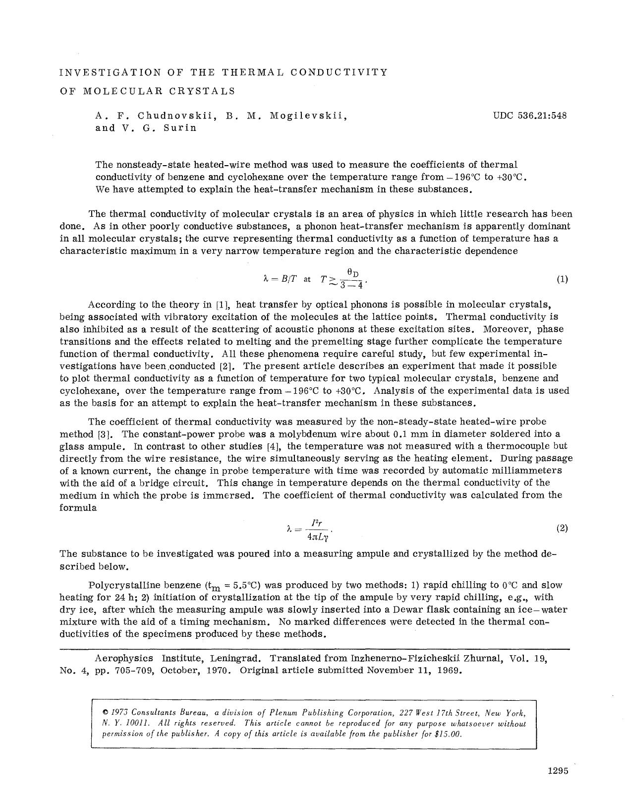 Investigation of the thermal conductivity of molecular crystals by Unknown