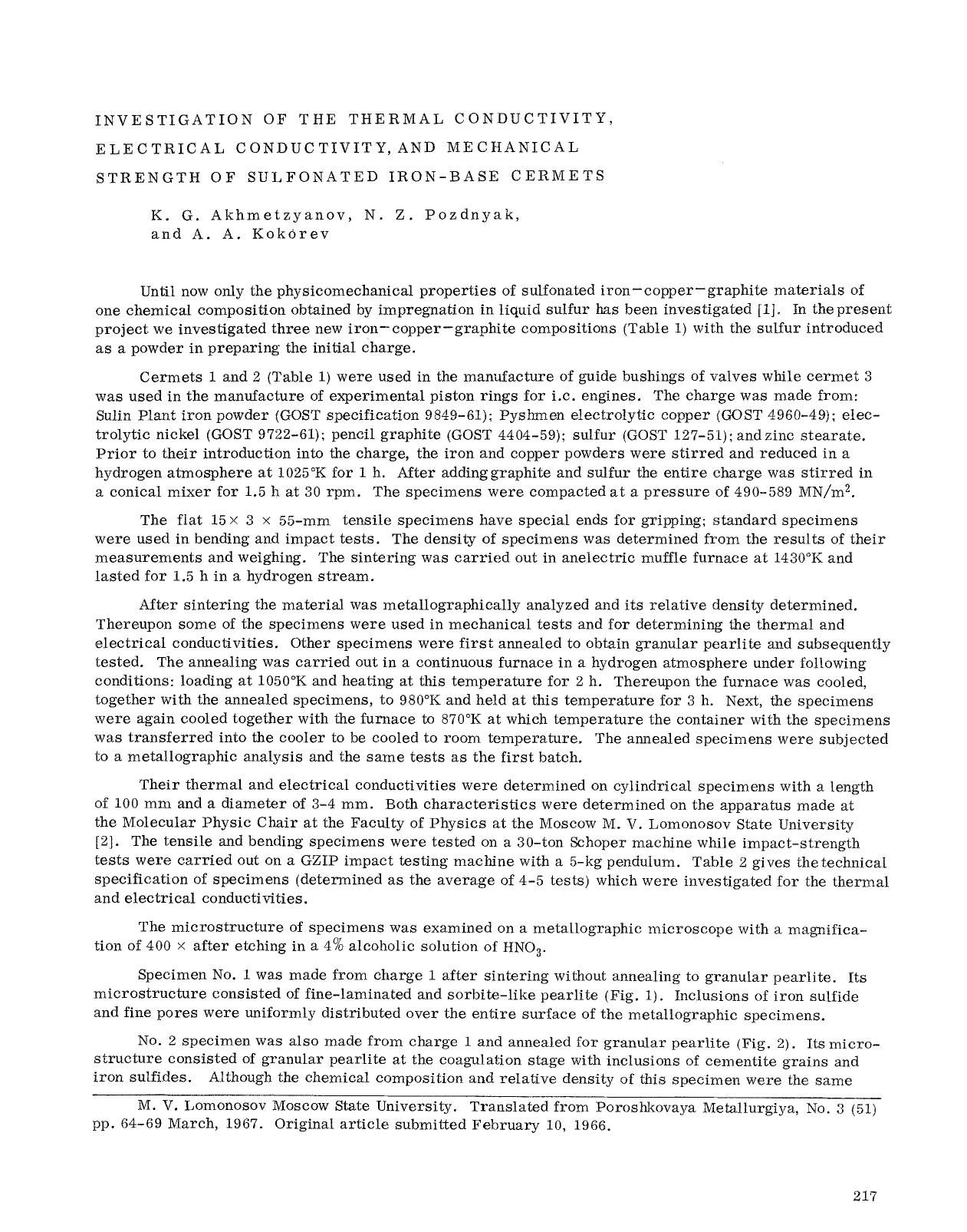 Investigation of the thermal conductivity, electrical conductivity, and mechanical strength of sulfonated iron-base cermets by Unknown