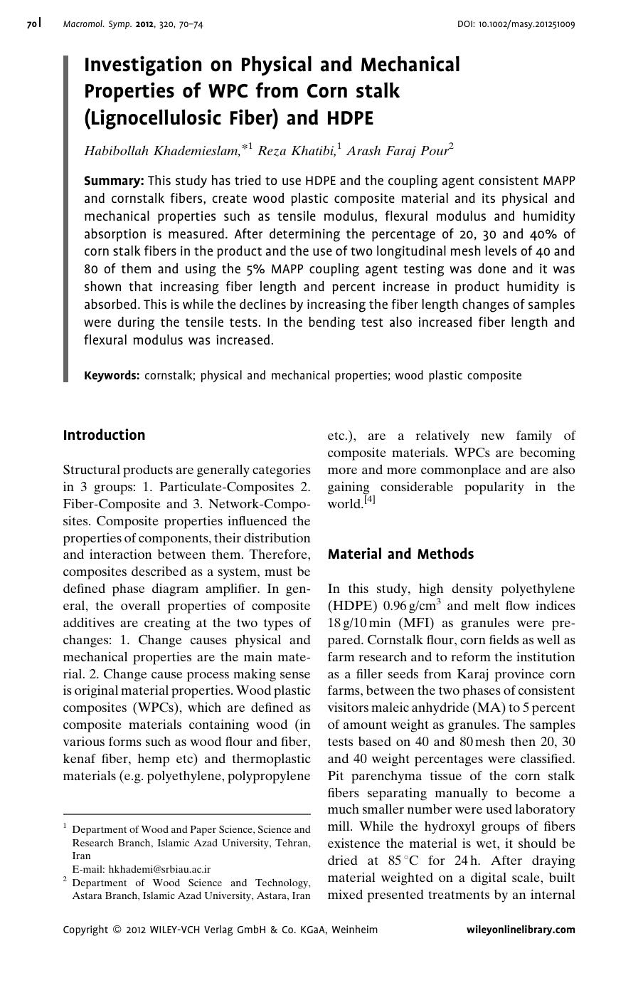 Investigation on Physical and Mechanical Properties of WPC from Corn stalk (Lignocellulosic Fiber) and HDPE by Unknown
