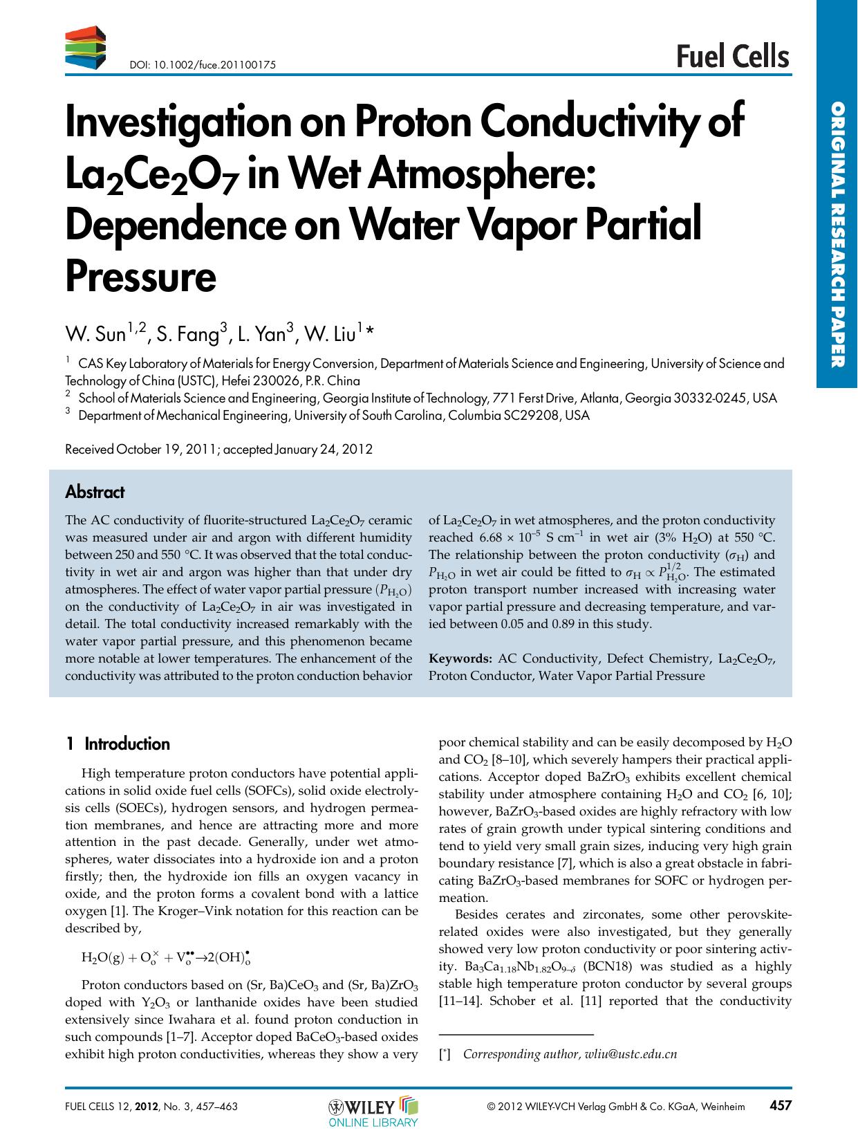 Investigation on Proton Conductivity of La2Ce2O7 in Wet Atmosphere: Dependence on Water Vapor Partial Pressure by Unknown