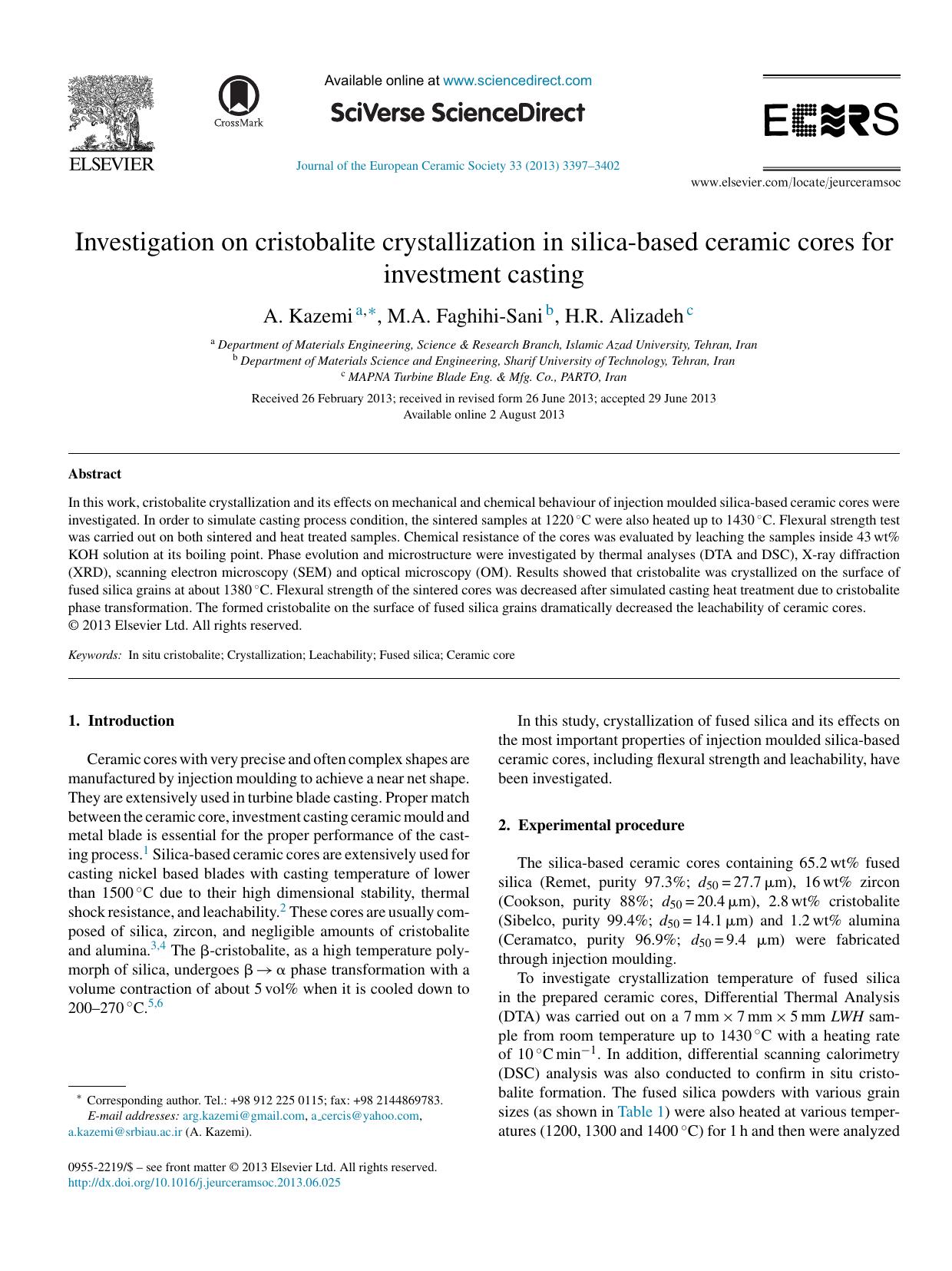Investigation on cristobalite crystallization in silica-based ceramic cores for investment casting by A. Kazemi