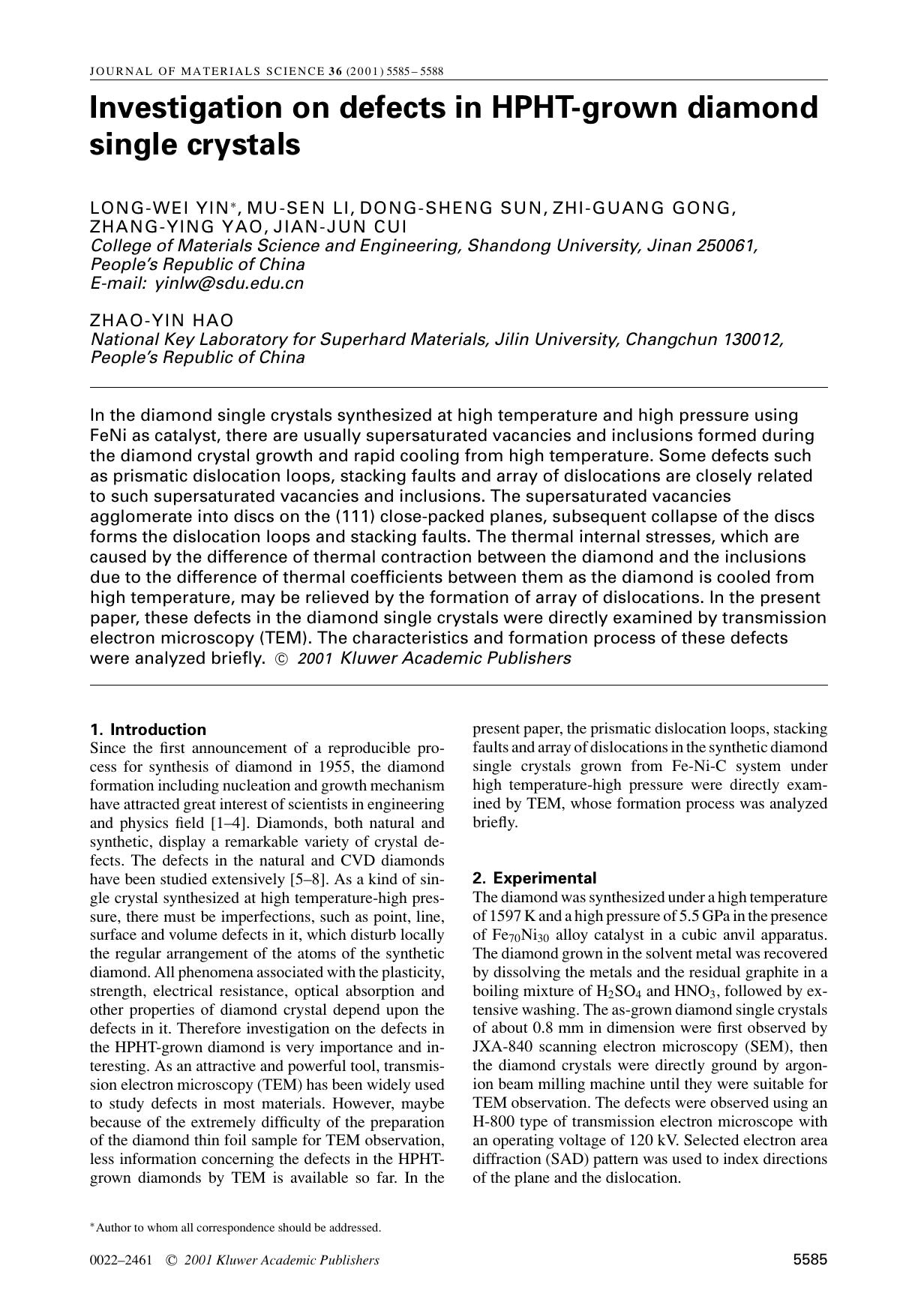 Investigation on defects in HPHT-grown diamond single crystals by Unknown