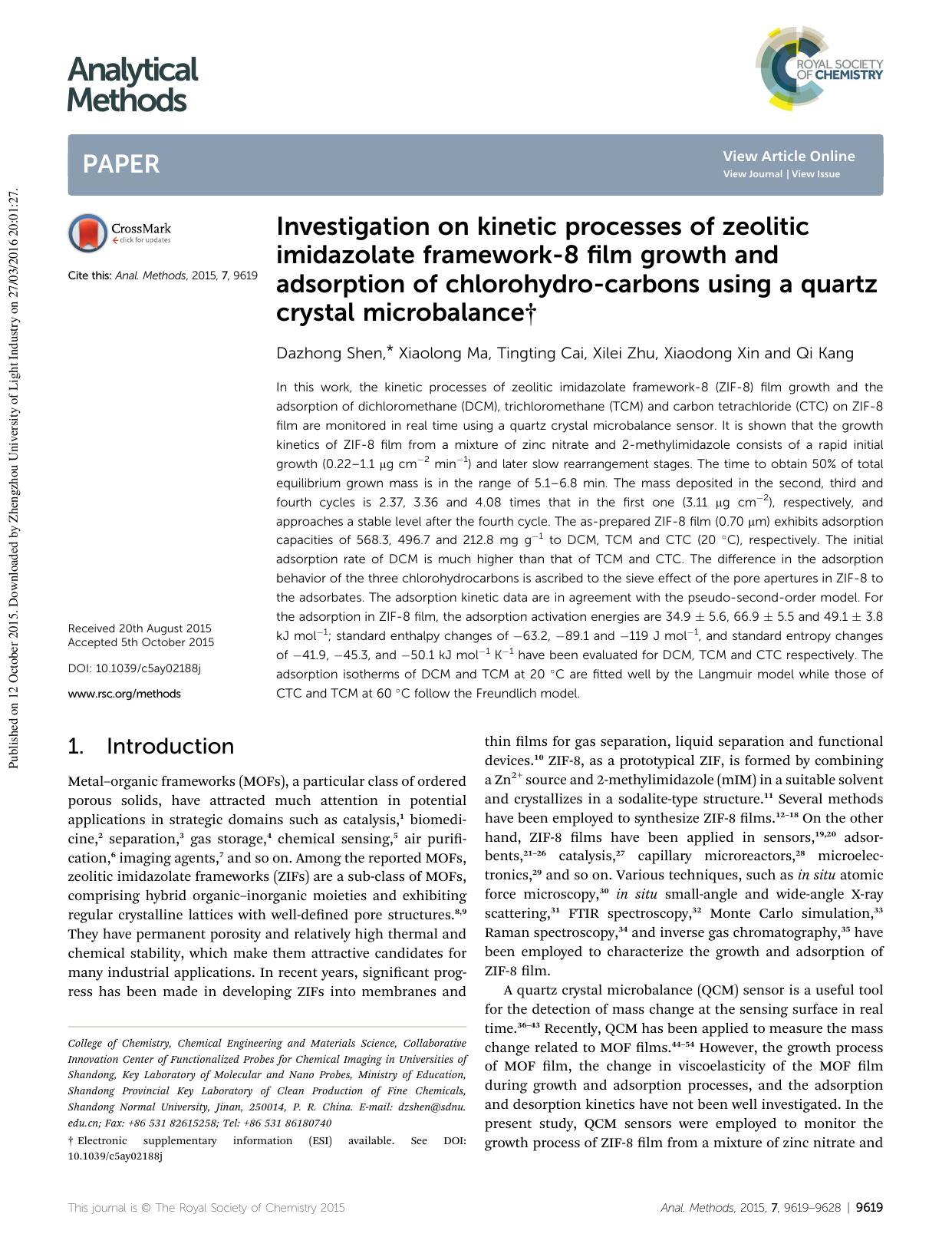 Investigation on kinetic processes of zeolitic imidazolate framework-8 film growth and adsorption of chlorohydro-carbons using a quartz crystal microbalance by Dazhong Shen & Xiaolong Ma & Tingting Cai & Xilei Zhu & Xiaodong Xin & Qi Kang