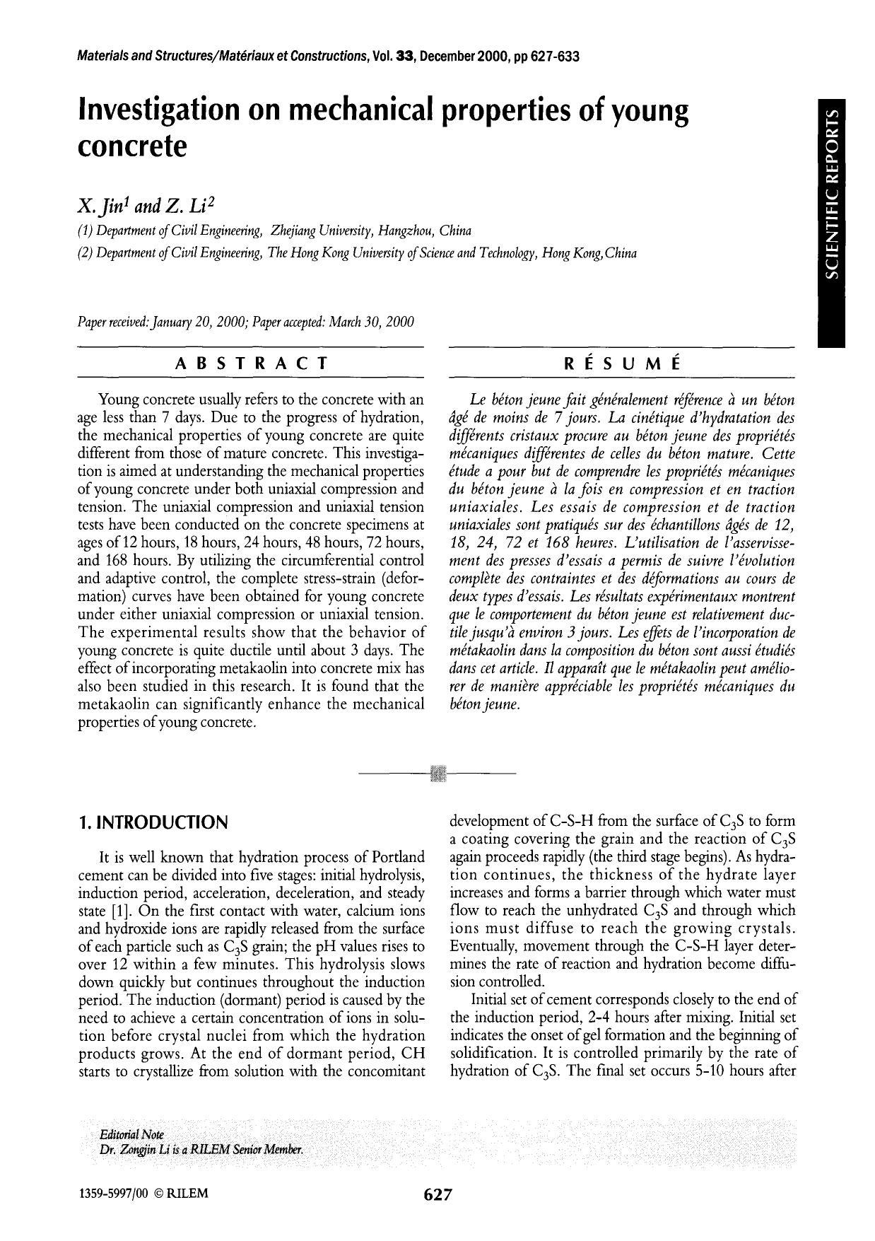 Investigation on mechanical properties of young concrete by Unknown