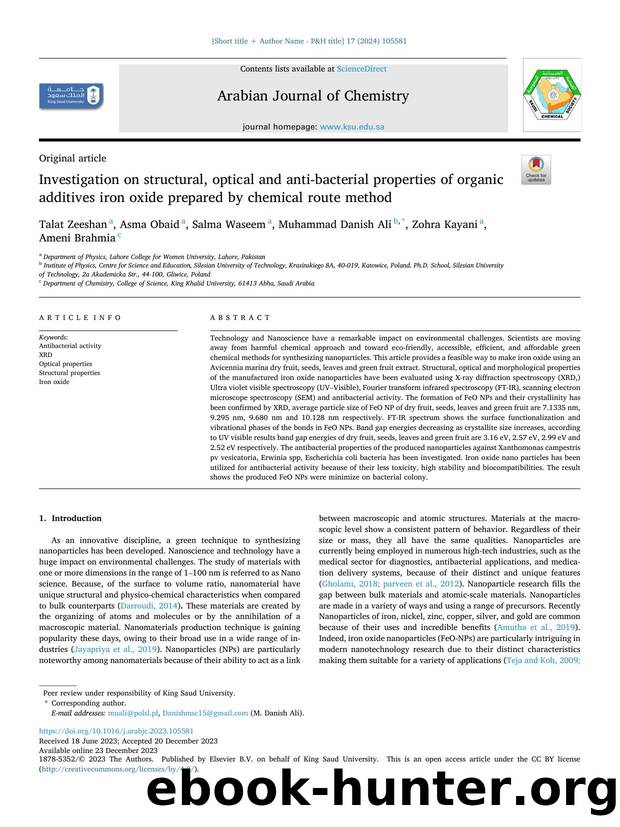 Investigation on structural, optical and anti-bacterial properties of organic additives iron oxide prepared by chemical route method by Talat Zeeshan & Asma Obaid & Salma Waseem & Muhammad Danish Ali & Zohra Kayani & Ameni Brahmia