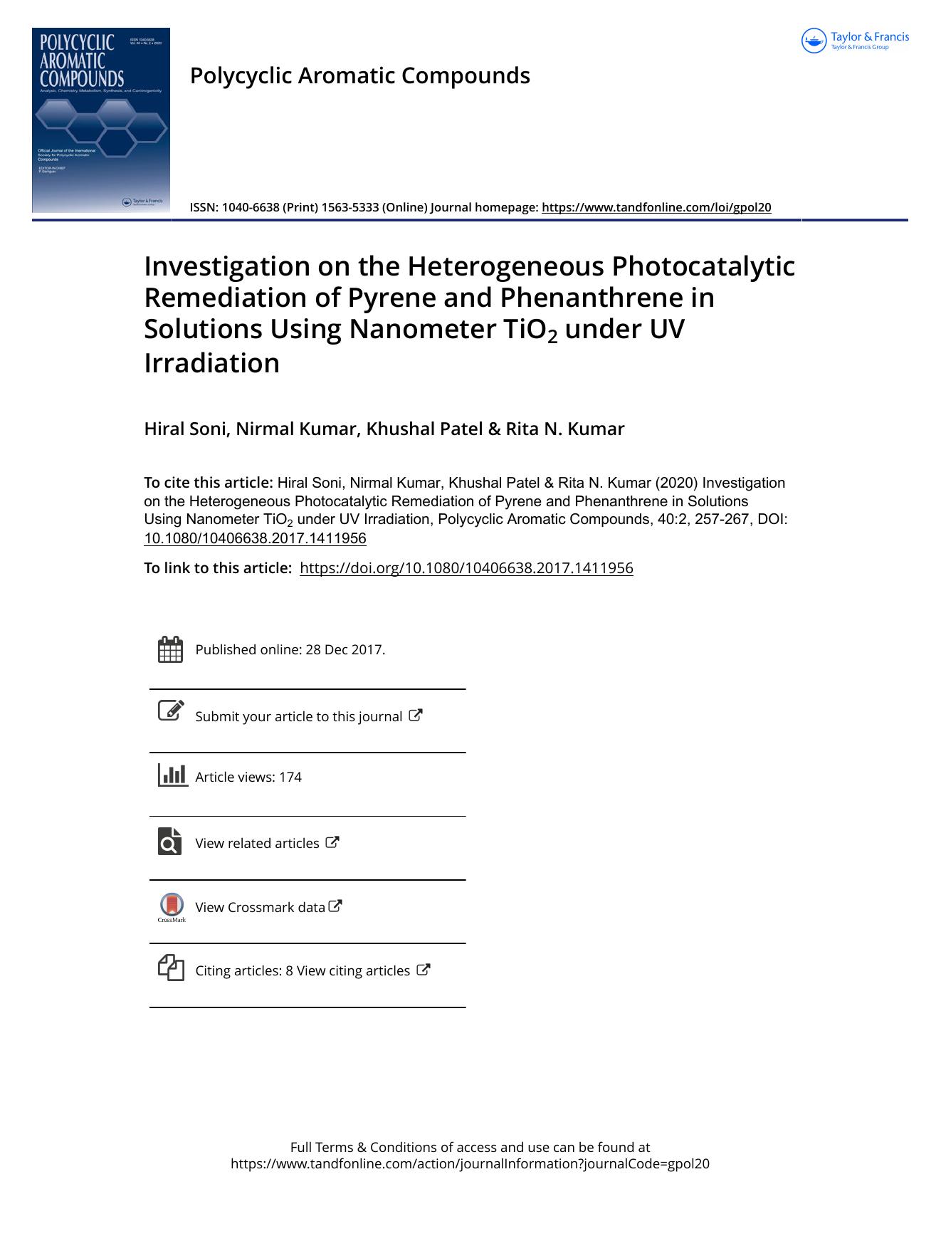 Investigation on the Heterogeneous Photocatalytic Remediation of Pyrene and Phenanthrene in Solutions Using Nanometer TiO2 under UV Irradiation by Hiral Soni & Nirmal Kumar & Khushal Patel & Rita N. Kumar