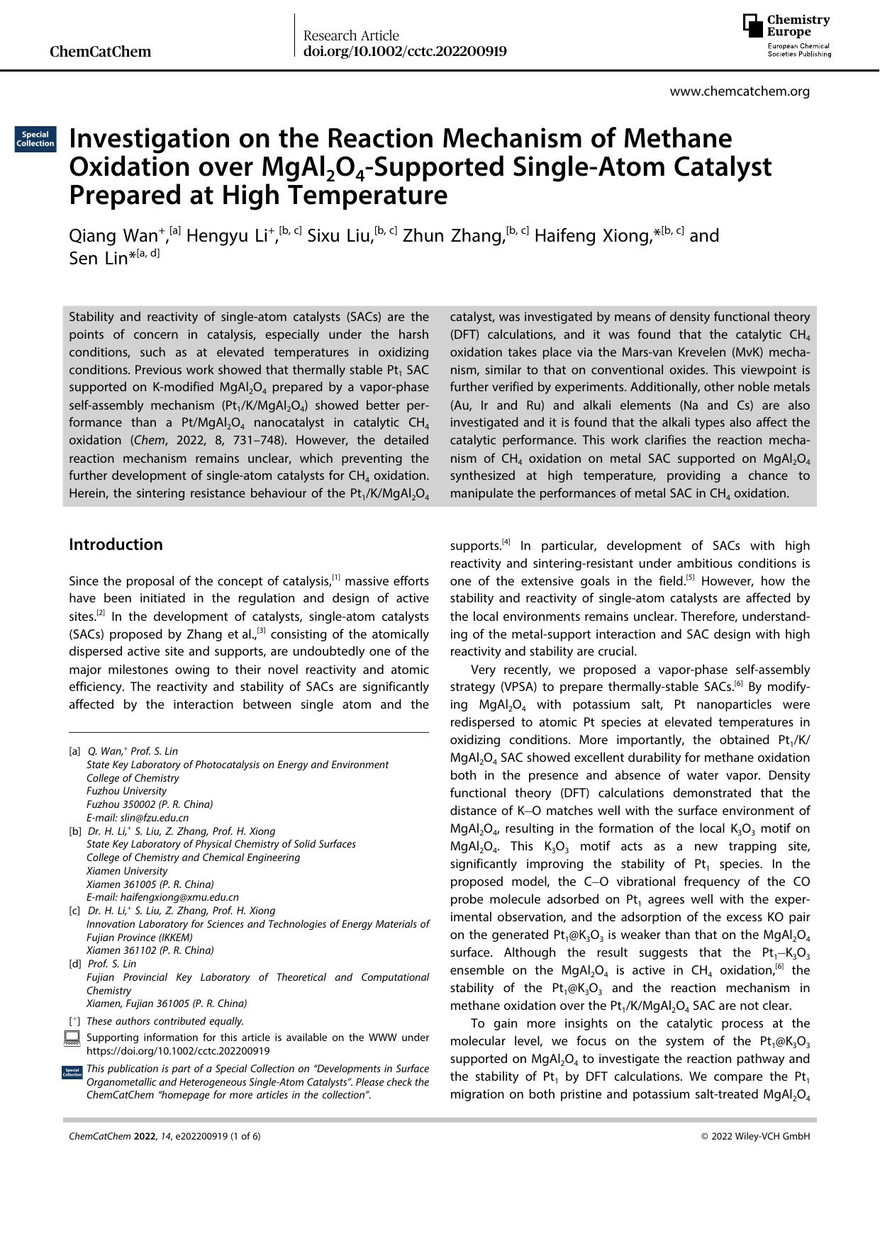 Investigation on the Reaction Mechanism of Methane Oxidation over MgAl2O4âSupported SingleâAtom Catalyst Prepared at High Temperature by Unknown