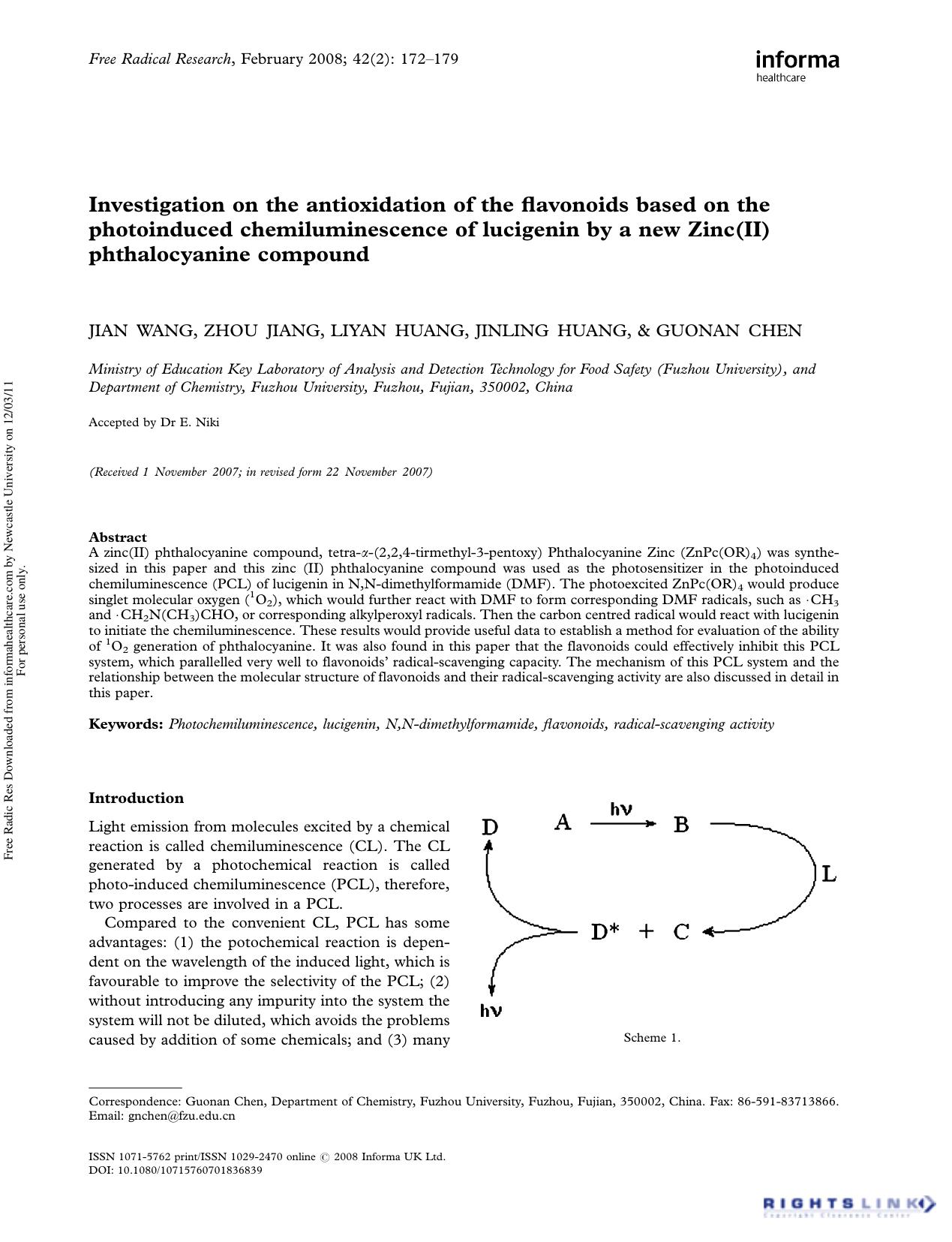 Investigation on the antioxidation of the flavonoids based on the photoinduced chemiluminescence of lucigenin by a new Zinc(II) phthalocyanine compound by Jian Wang1 Zhou Jiang1 Liyan Huang1 Jinling Huang1 & Guonan Chen1†
