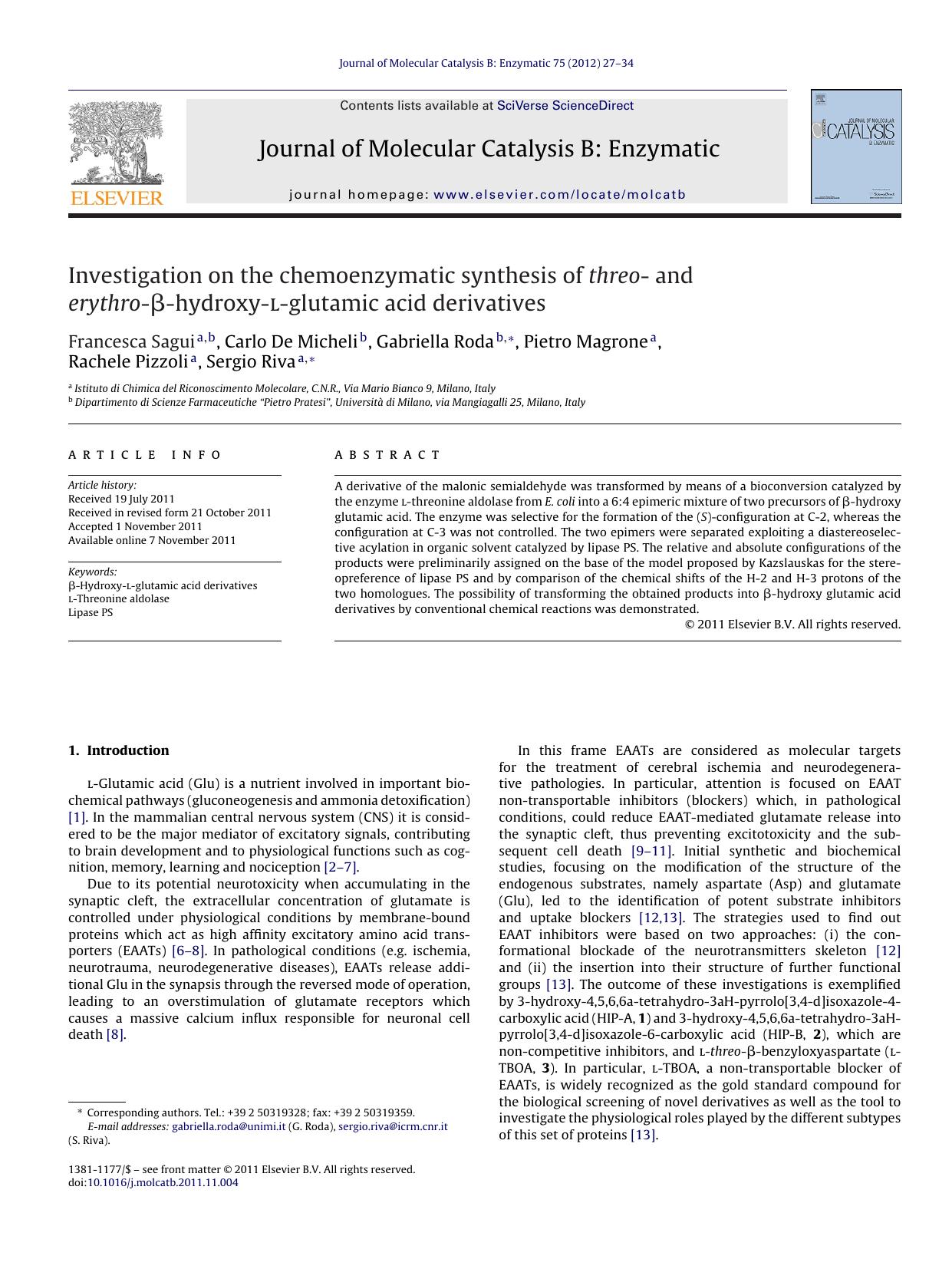Investigation on the chemoenzymatic synthesis of threo- and erythro-Î²-hydroxy-l-glutamic acid derivatives by Francesca Sagui