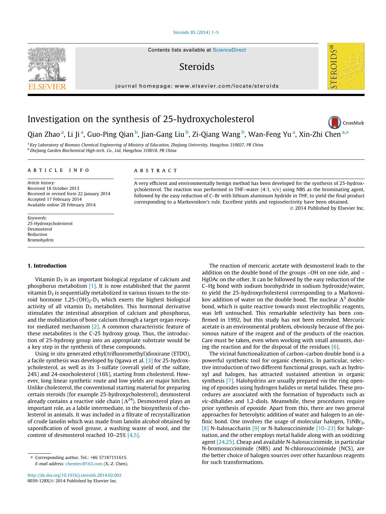Investigation on the synthesis of 25-hydroxycholesterol by Qian Zhao & Li Ji & Guo-Ping Qian & Jian-Gang Liu & Zi-Qiang Wang & Wan-Feng Yu & Xin-Zhi Chen