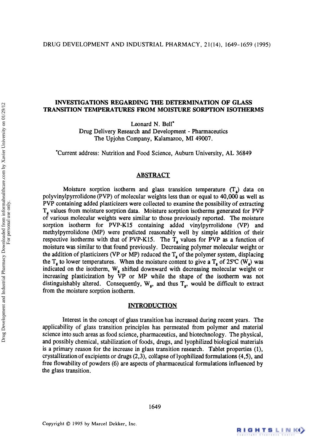 Investigations Regarding the Determination of Glass Transition Temperatures from Moisture Sorption Isotherms by Leonard N. Bell