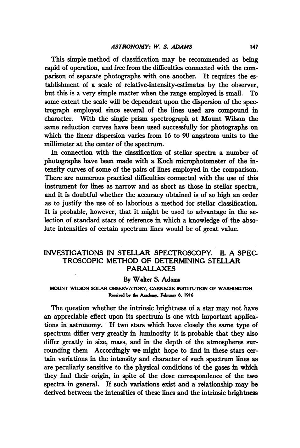 Investigations in Stellar Spectroscopy II. A Spectroscopic Method of Determining Stellar Parallaxes by Adams W. S