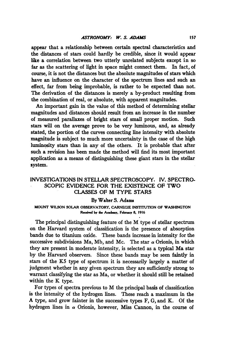 Investigations in Stellar Spectroscopy IV. Spectroscopic Evidence for the Existence of Two Classes o by Adams W. S
