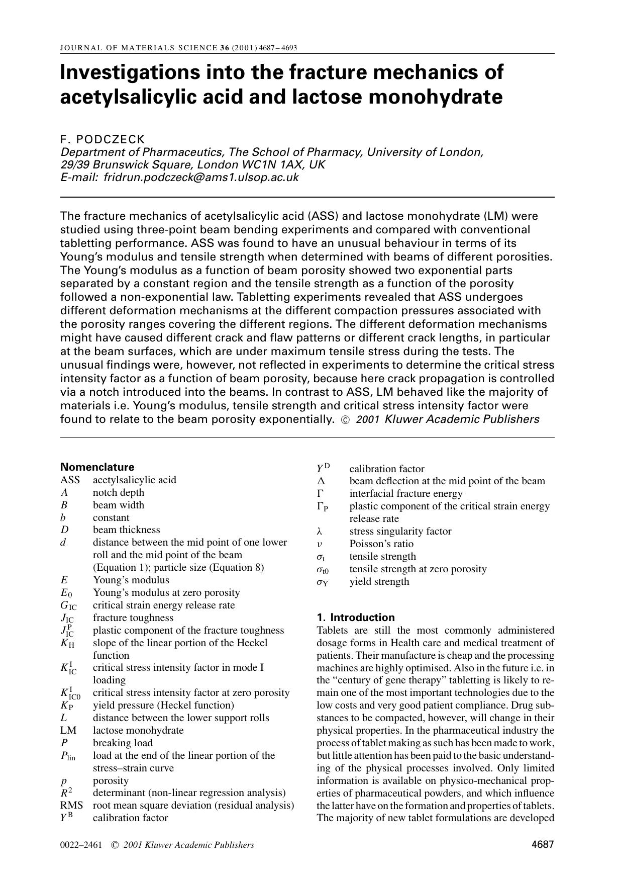 Investigations into the fracture mechanics of acetylsalicylic acid and lactose monohydrate by Unknown