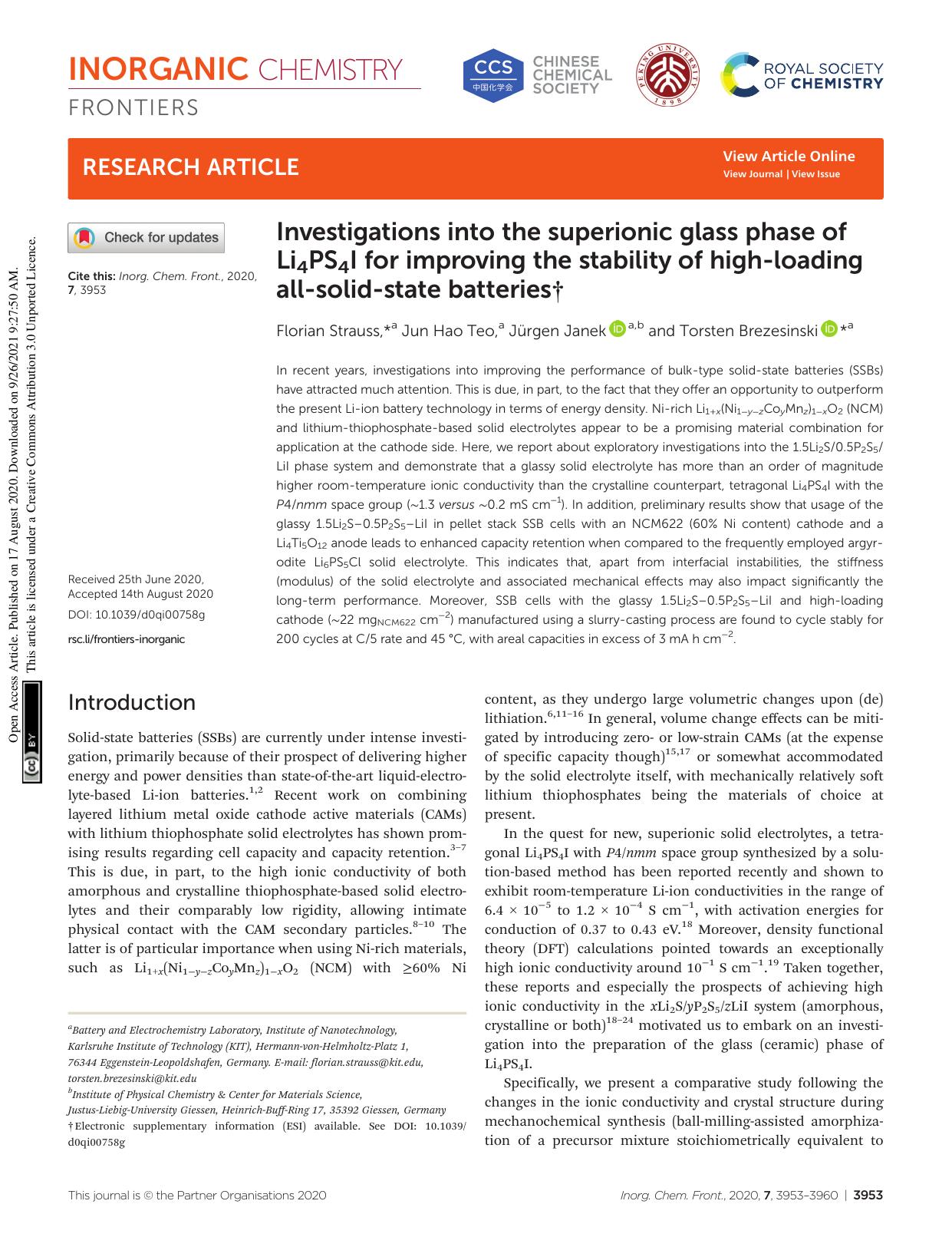 Investigations into the superionic glass phase of Li4PS4I for improving the stability of high-loading all-solid-state batteries by Florian Strauss Jun Hao Teo Jürgen Janek Torsten Brezesinski