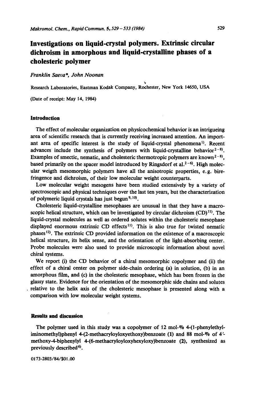 Investigations of liquid-crystal polymers. Extrinsic circular dichroism in amorphous and liquid-crystalline phases of a cholesteric polymer by Unknown