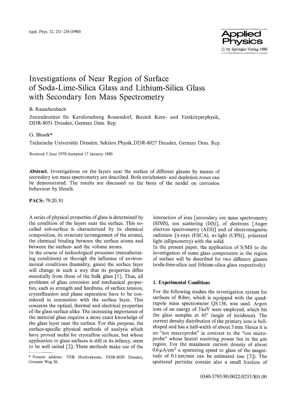 Investigations of near region of surface of soda-lime-silica glass and lithium-silica glass with secondary ion mass spectrometry by Unknown