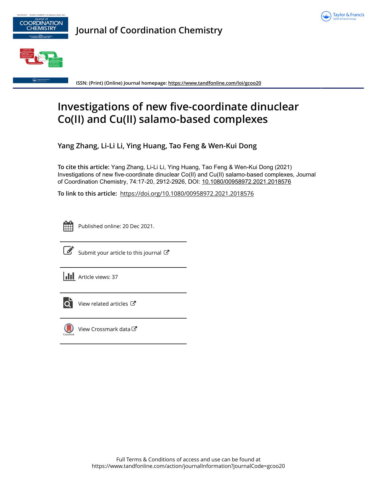 Investigations of new five-coordinate dinuclear Co(II) and Cu(II) salamo-based complexes by Zhang Yang & Li Li-Li & Huang Ying & Feng Tao & Dong Wen-Kui