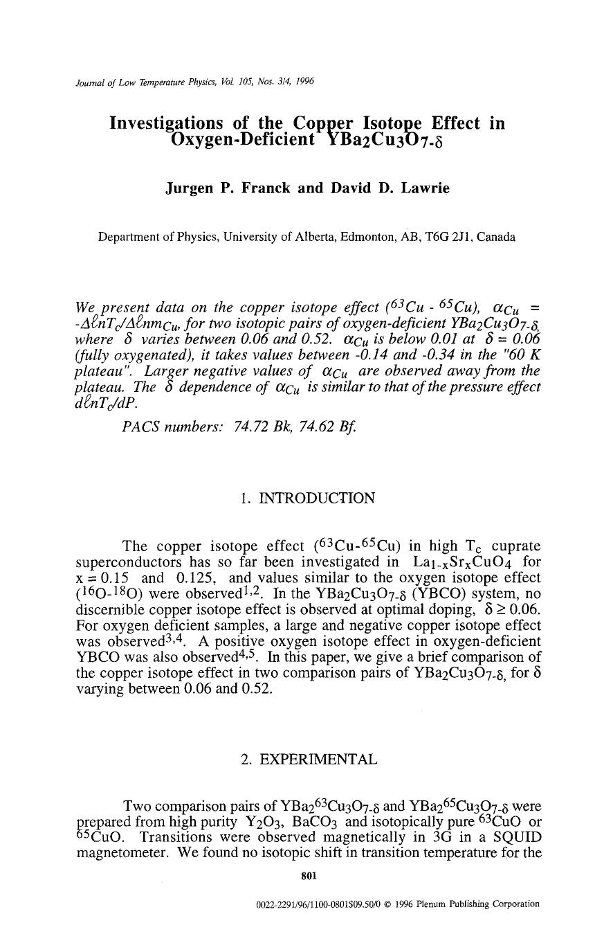 Investigations of the copper isotope effect in oxygen-deficient YBa <Subscript>2 <Subscript>Cu <Subscript>3 <Subscript>O <Subscript>7&#x2212;&#x03B4; <Subscript> by Unknown