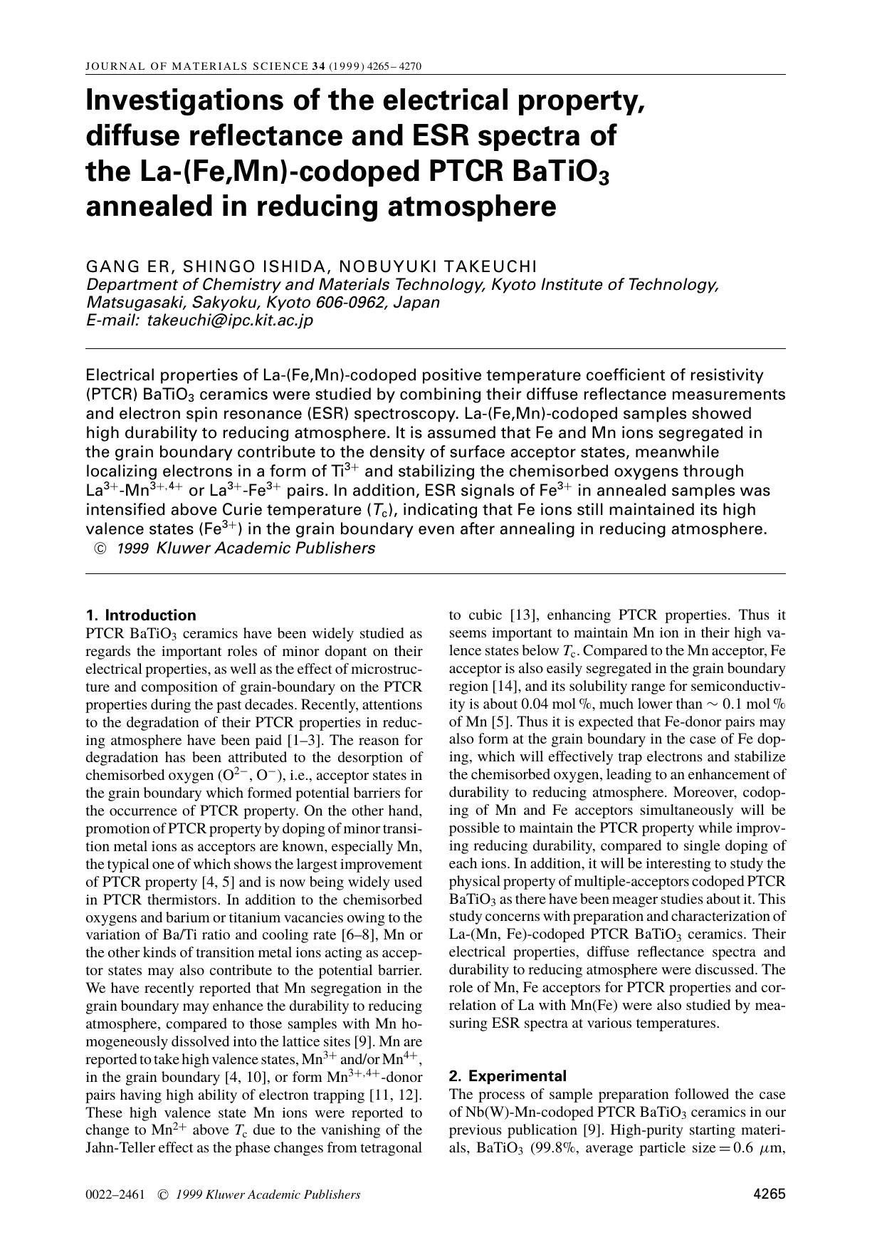 Investigations of the electrical property, diffuse reflectance and ESR spectra of the La-(Fe,Mn)-codoped PTCR BaTiO3 annealed in reducing atmosphere by Unknown