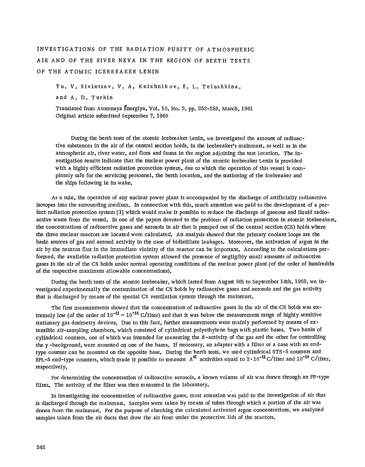 Investigations of the radiation purity of atmospheric air and of the river Neva in the region of berth tests of the atomic icebreaker Lenin by Unknown