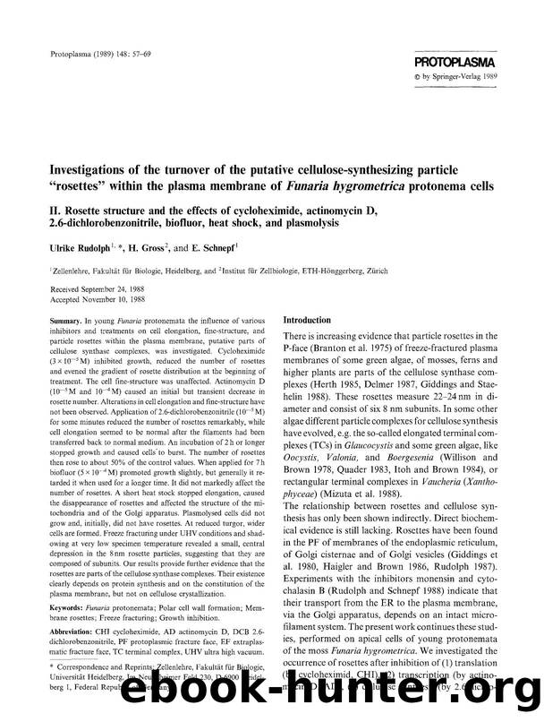 Investigations of the turnover of the putative cellulose-synthesizing particle &#x201C;rosettes&#x201D; within the plasma membrane of <Emphasis Type="Italic">Funaria hygrometrica < by Unknown