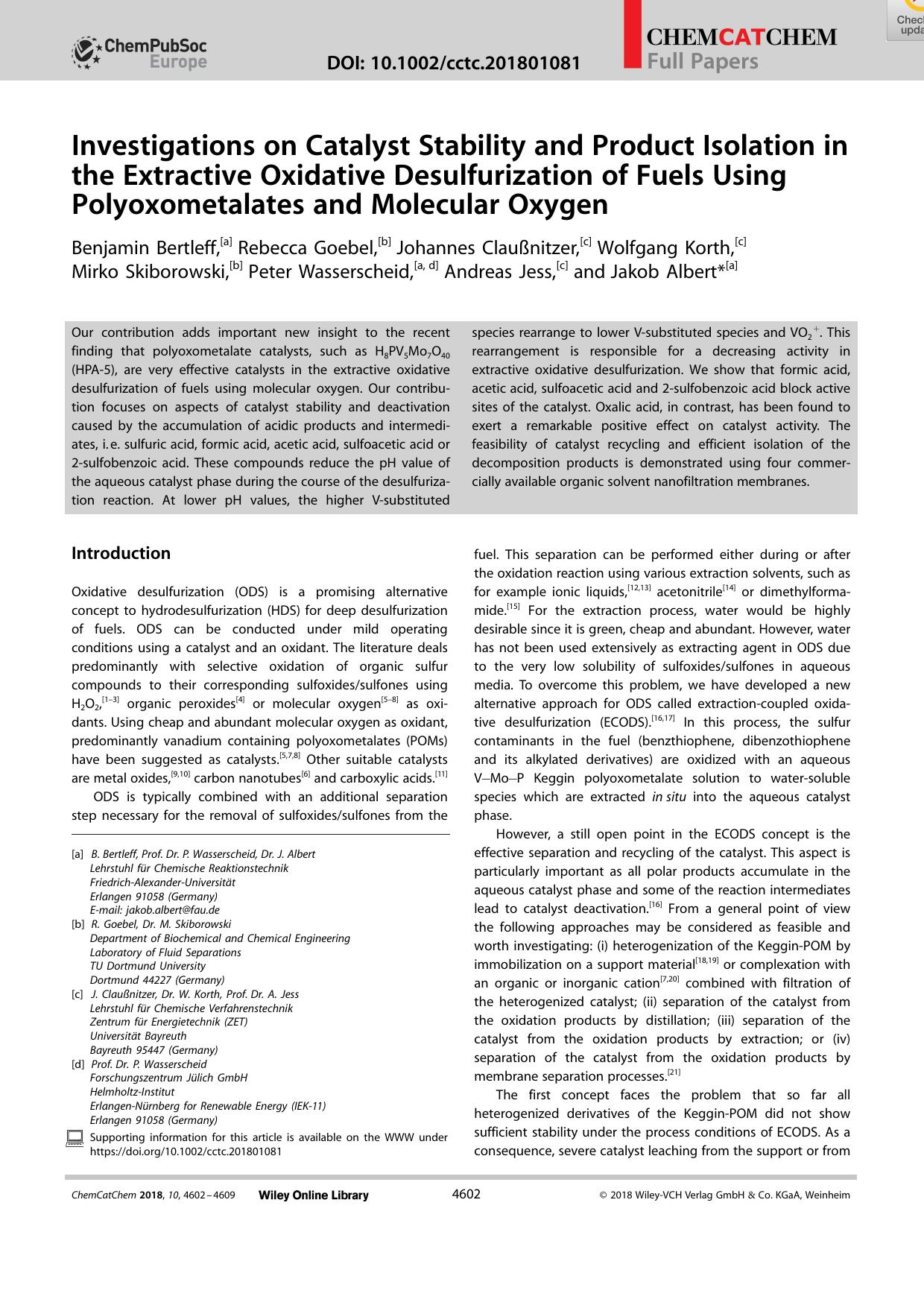 Investigations on Catalyst Stability and Product Isolation in the Extractive Oxidative Desulfurization of Fuels Using Polyoxometalates and Molecular Oxygen by Unknown
