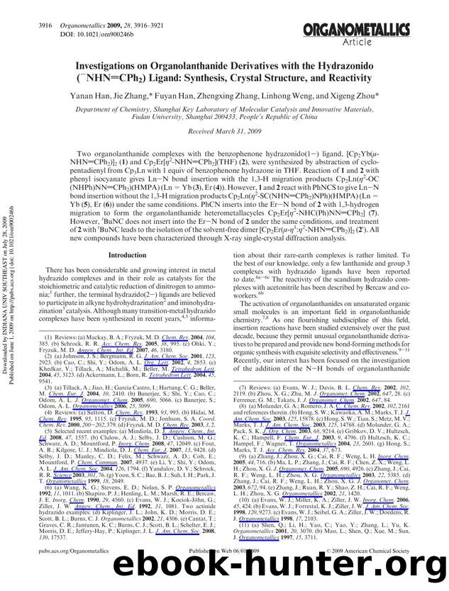 Investigations on Organolanthanide Derivatives with the Hydrazonido (âNHNâCPh2) Ligand: Synthesis, Crystal Structure, and Reactivity by Yanan Han Jie Zhang* Fuyan Han Zhengxing Zhang Linhong Weng & Xigeng Zhou*