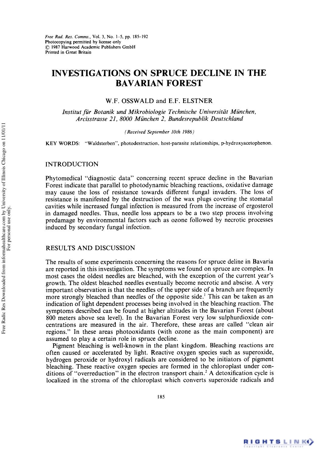 Investigations on Spruce Decline in the Bavarian Forest by W. F. Osswald1 & E. F. Elstner1