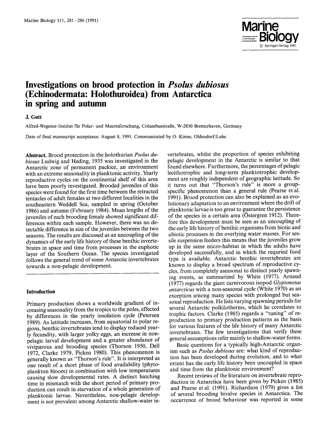 Investigations on brood protection in <Emphasis Type="Italic">Psolus dubiosus <Emphasis> (Echinodermata: Holothuroidea) from Antarctica in spring and autumn by Unknown