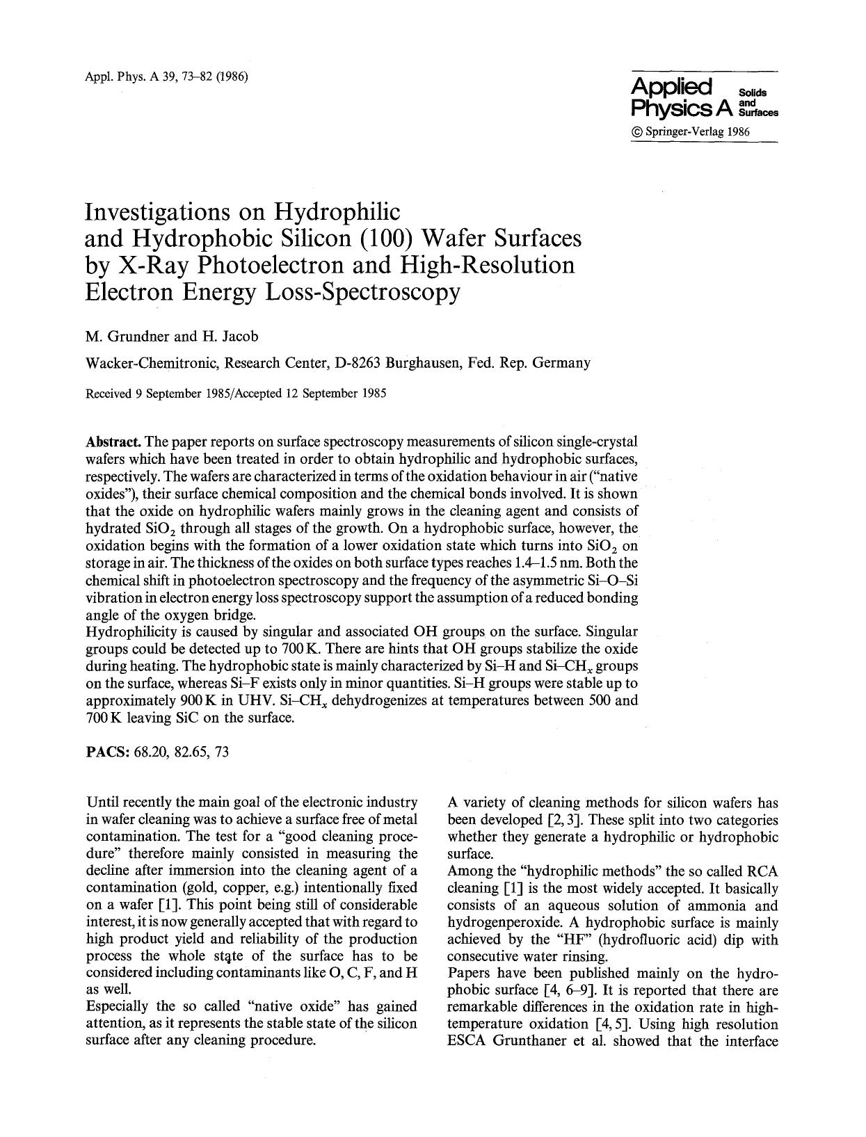 Investigations on hydrophilic and hydrophobic silicon (100) wafer surfaces by X-ray photoelectron and high-resolution electron energy loss-spectroscopy by Unknown